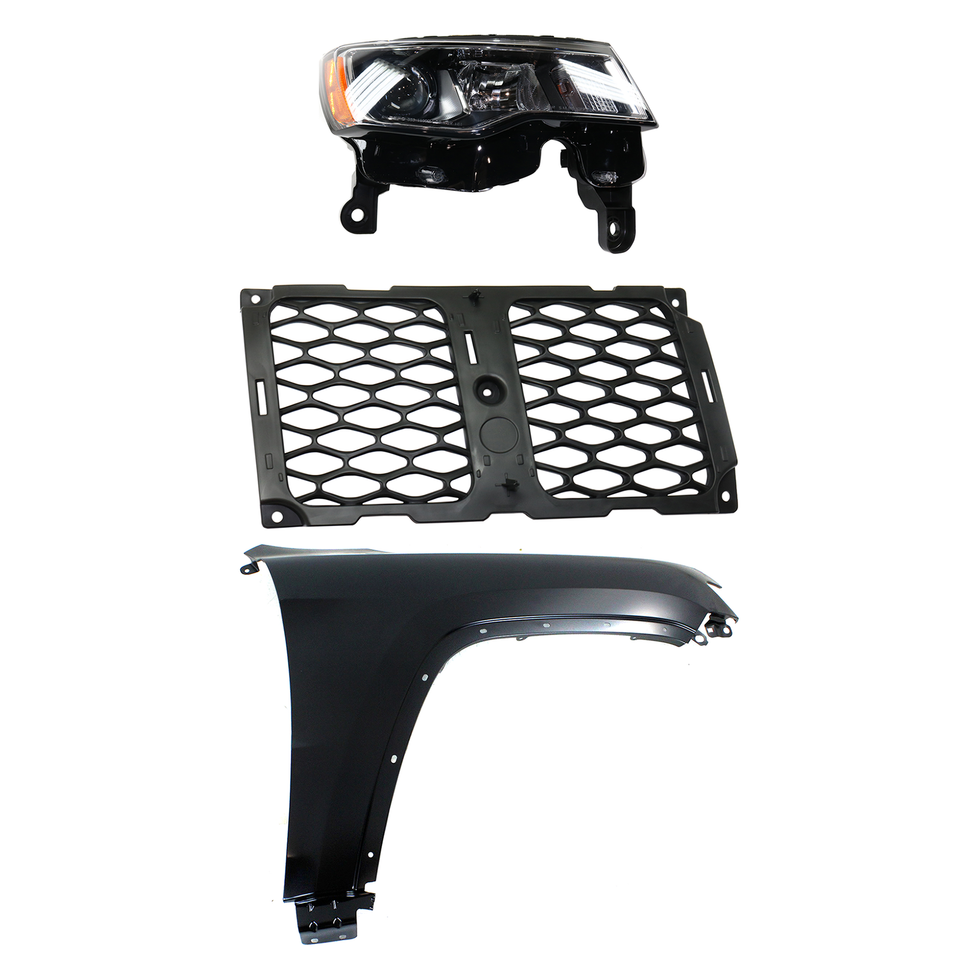 AM GRAND CHEROKEE 17-21 FRONT FENDER RH Primed 3 pc Kit with Grille and Headlight CAPA SKU KIT 030823-3901 Partslink CH1213105 CH1241272C CH2503297C OEM 55369596AF 68264285AA 68289234
