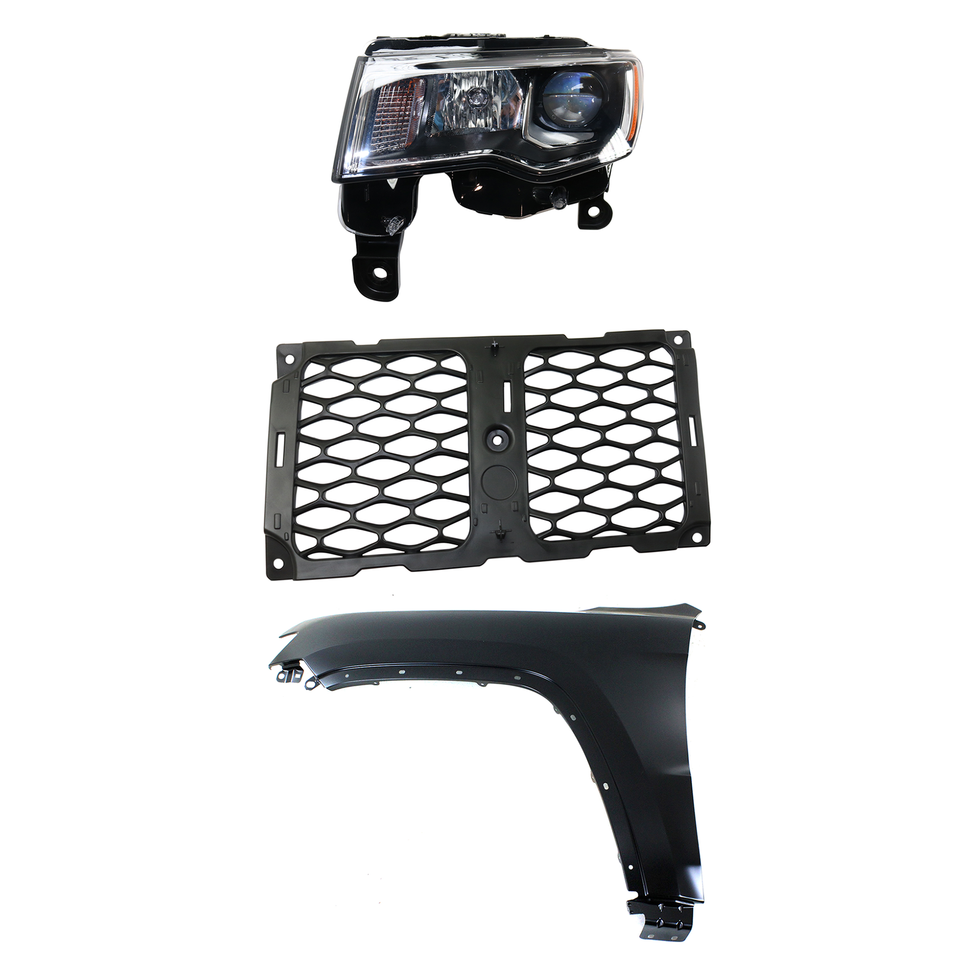 AM GRAND CHEROKEE 17-21 FRONT FENDER LH Primed 3 pc Kit with Grille and Headlight CAPA SKU KIT 030823-3902 Partslink CH1212105 CH1240272C CH2502297C OEM 55369597AF 68264287AA 68289235