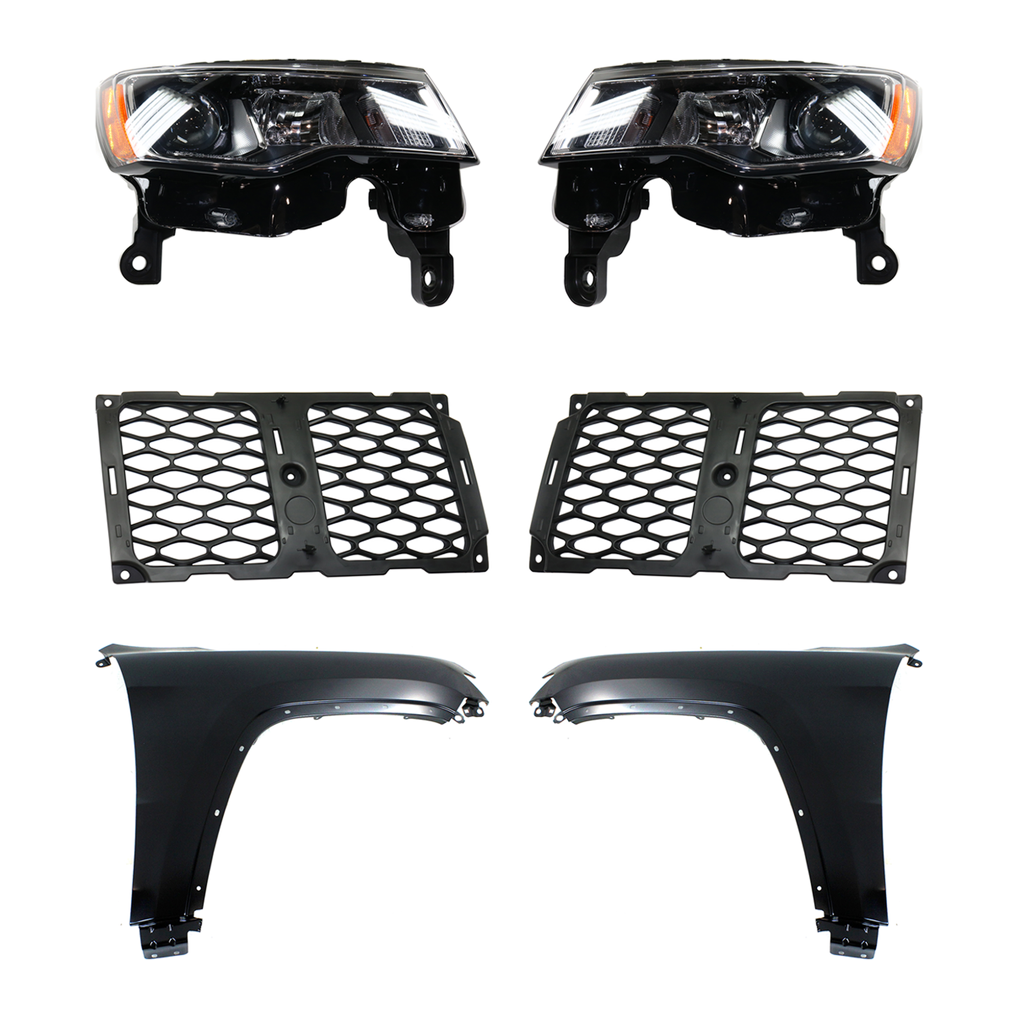 AM GRAND CHEROKEE 17-21 FRONT FENDER RH AND LH Primed 6 pc Kit with Grille and Headlights CAPA SKU KIT 030823-39 Partslink CH1212105 CH1213105 CH1240272C CH1241272C CH2502297C CH2503297C OEM 55369596AF 55369597AF 68264285