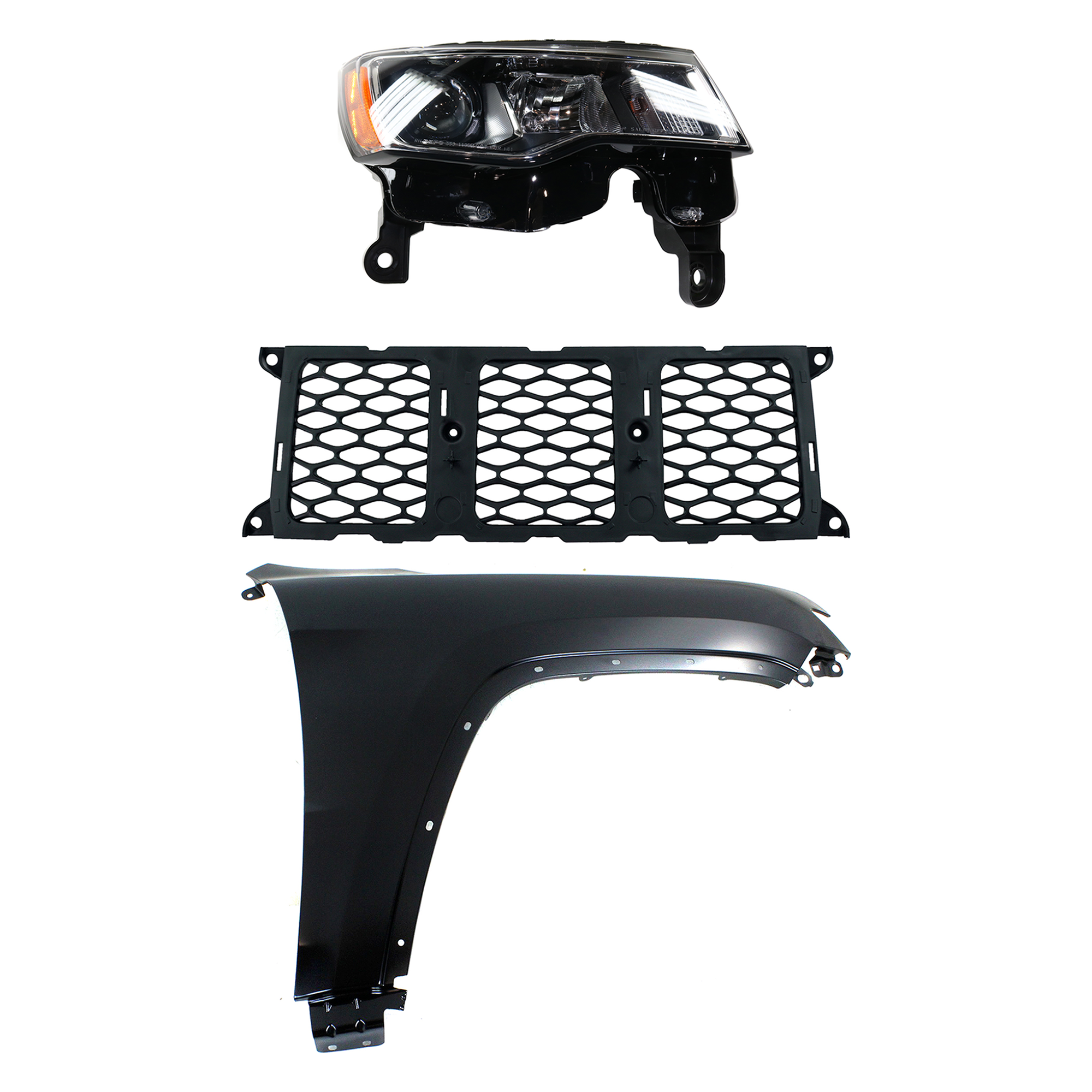 AM GRAND CHEROKEE 17-21 FRONT FENDER RH Primed 3 pc Kit with Grille and Headlight CAPA SKU KIT 030823-4101 Partslink CH1210123 CH1241272C CH2503297C OEM 55369596AF 68264286AB 68289234