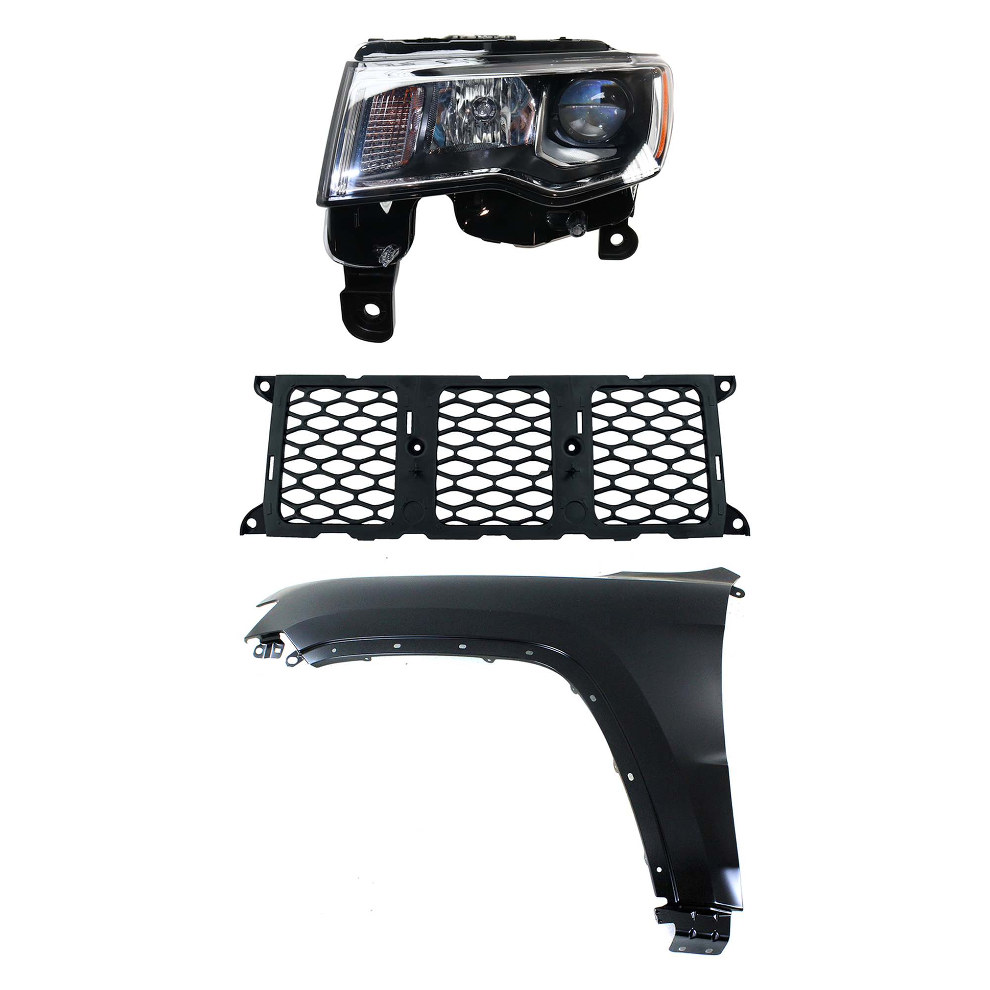 AM GRAND CHEROKEE 17-21 FRONT FENDER LH Primed 3 pc Kit with Grille and Headlight CAPA SKU KIT 030823-4102 Partslink CH1210123 CH1240272C CH2502297C OEM 55369597AF 68264286AB 68289235