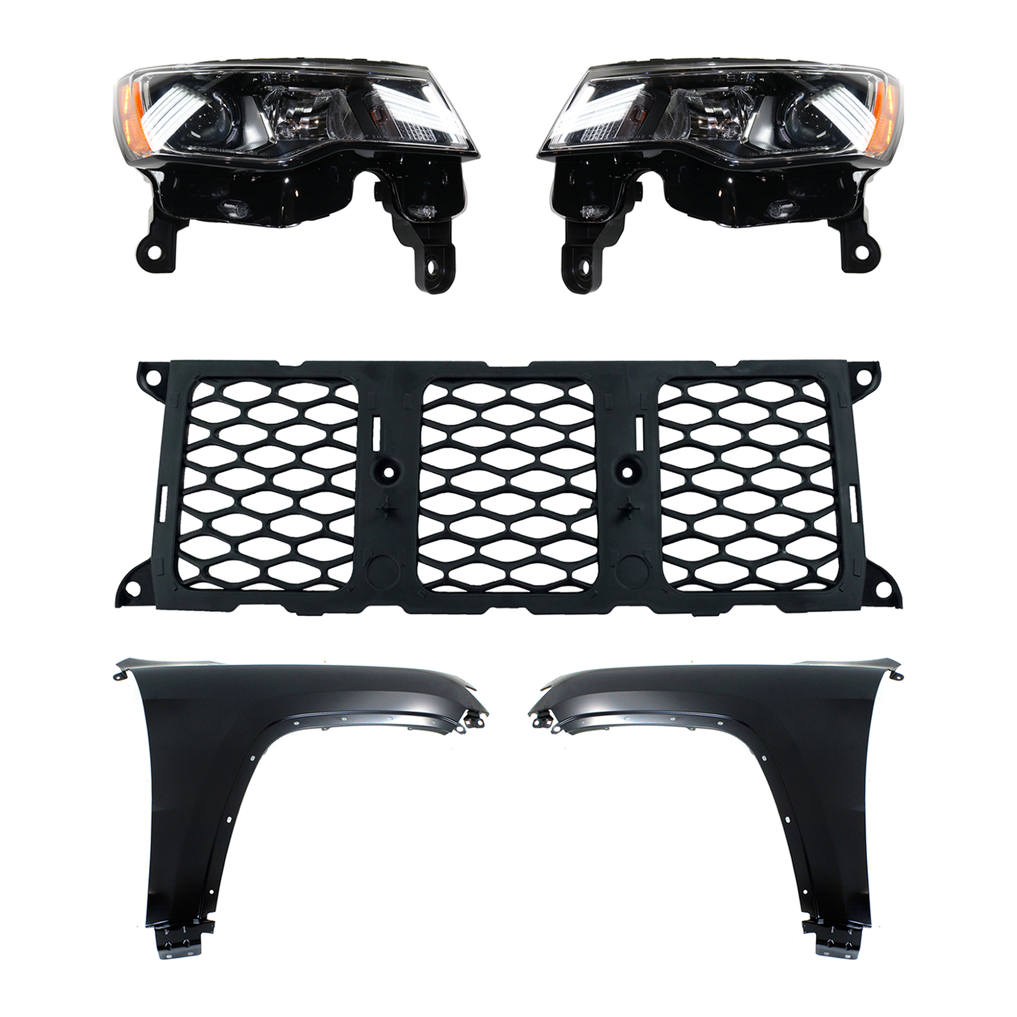 AM GRAND CHEROKEE 17-21 FRONT FENDER RH AND LH Primed 5 pc Kit with Grille and Headlights CAPA SKU KIT 030823-41 Partslink CH1210123 CH1240272C CH1241272C CH2502297C CH2503297C OEM 55369596AF 55369597AF 68264286