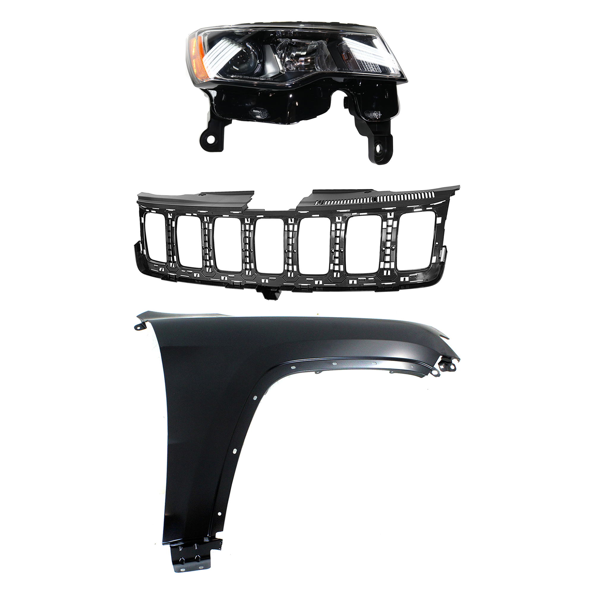 AM GRAND CHEROKEE 17-21 FRONT FENDER RH Primed 3 pc Kit with Grille and Headlight CAPA SKU KIT 030823-4201 Partslink CH1200401 CH1241272C CH2503297C OEM 55369596AF 68258419AC 68289234