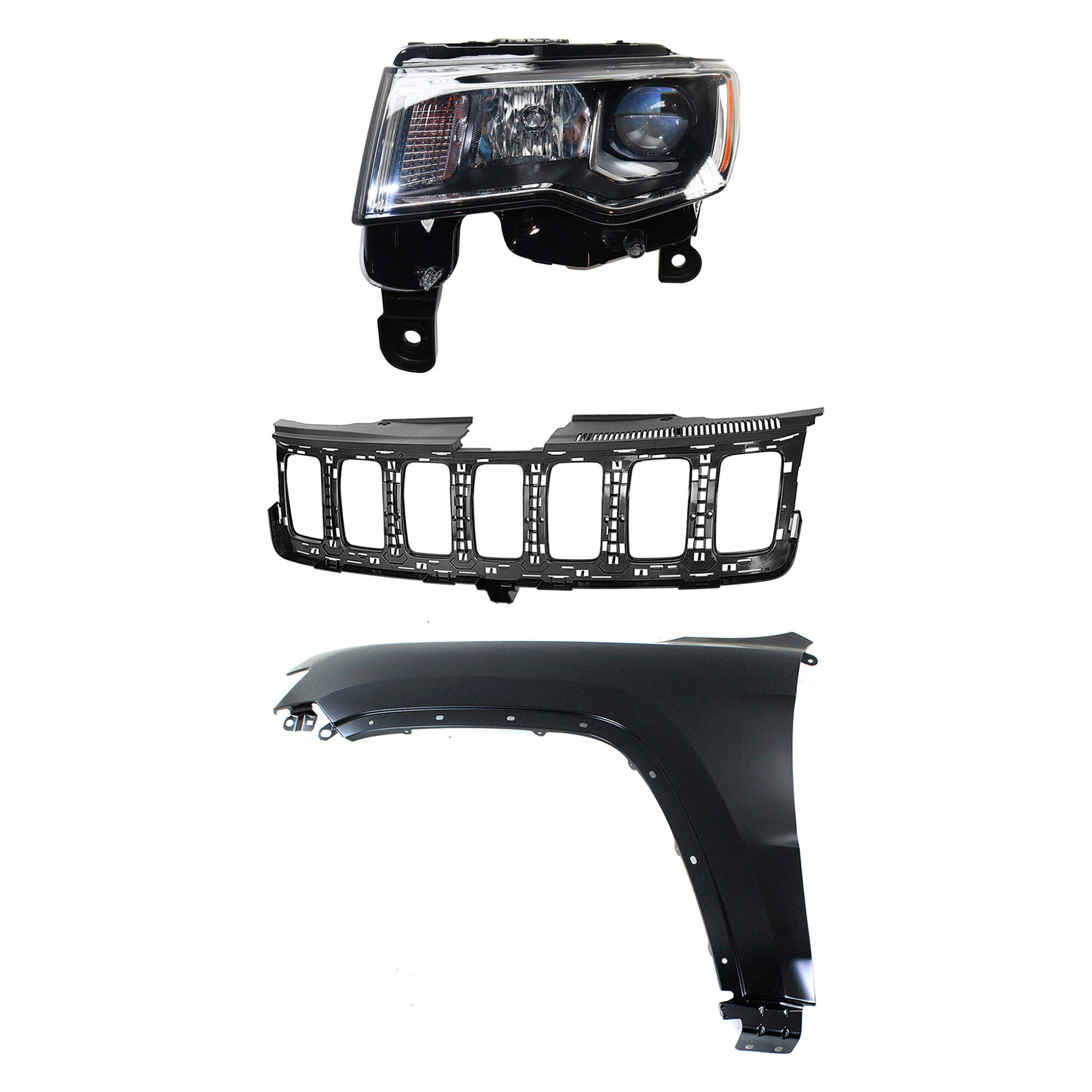 AM GRAND CHEROKEE 17-21 FRONT FENDER LH Primed 3 pc Kit with Grille and Headlight CAPA SKU KIT 030823-4202 Partslink CH1200401 CH1240272C CH2502297C OEM 55369597AF 68258419AC 68289235