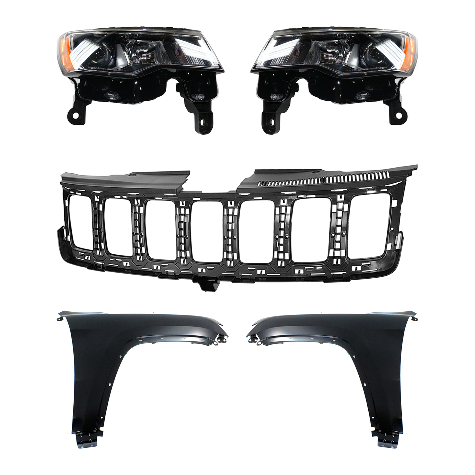AM GRAND CHEROKEE 17-21 FRONT FENDER RH AND LH Primed 5 pc Kit with Grille and Headlights CAPA SKU KIT 030823-42 Partslink CH1200401 CH1240272C CH1241272C CH2502297C CH2503297C OEM 55369596AF 55369597AF 68258419