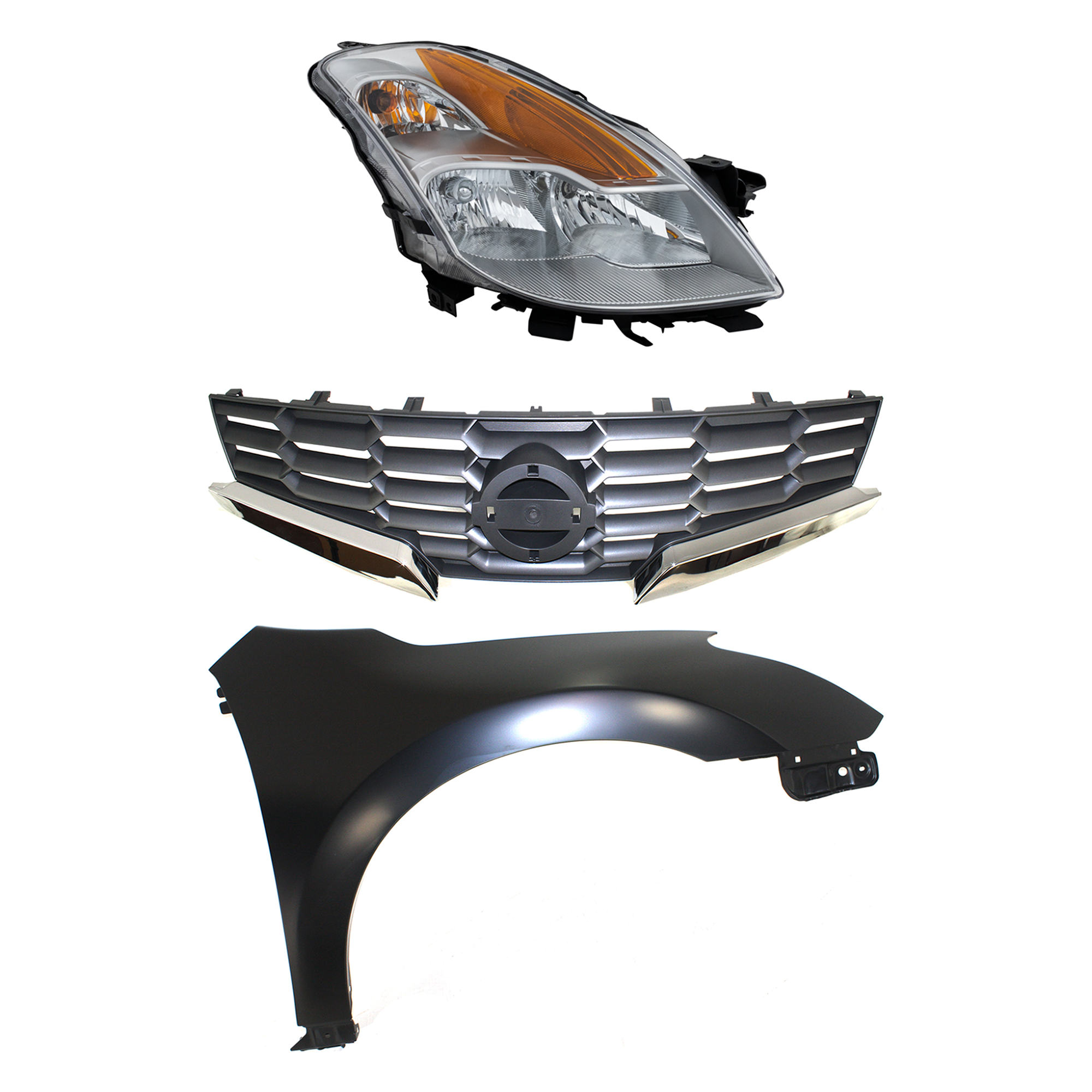AM ALTIMA 08-08 FRONT FENDER RH Primed 3 pc Kit with Grille and Headlight SKU KIT 030823-4501 Partslink NI1241195 NI1200225 NI2503176 OEM 63100ZN65A 62070JB100-26010JB1