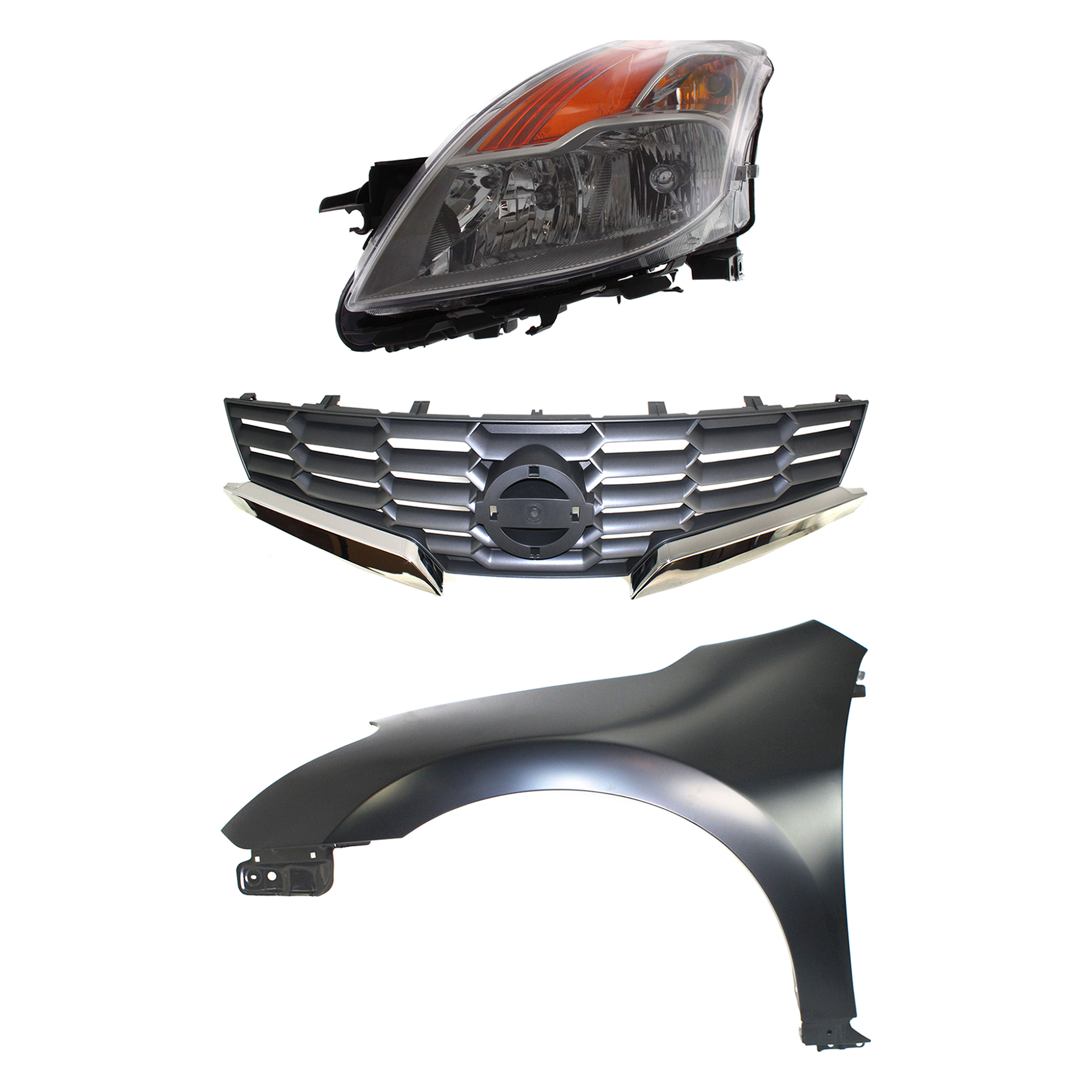 AM ALTIMA 08-08 FRONT FENDER LH Primed 3 pc Kit with Grille and Headlight SKU KIT 030823-4502 Partslink NI1240195 NI1200225 NI2502176 OEM 63101ZN65A 62070JB100-26060JB1