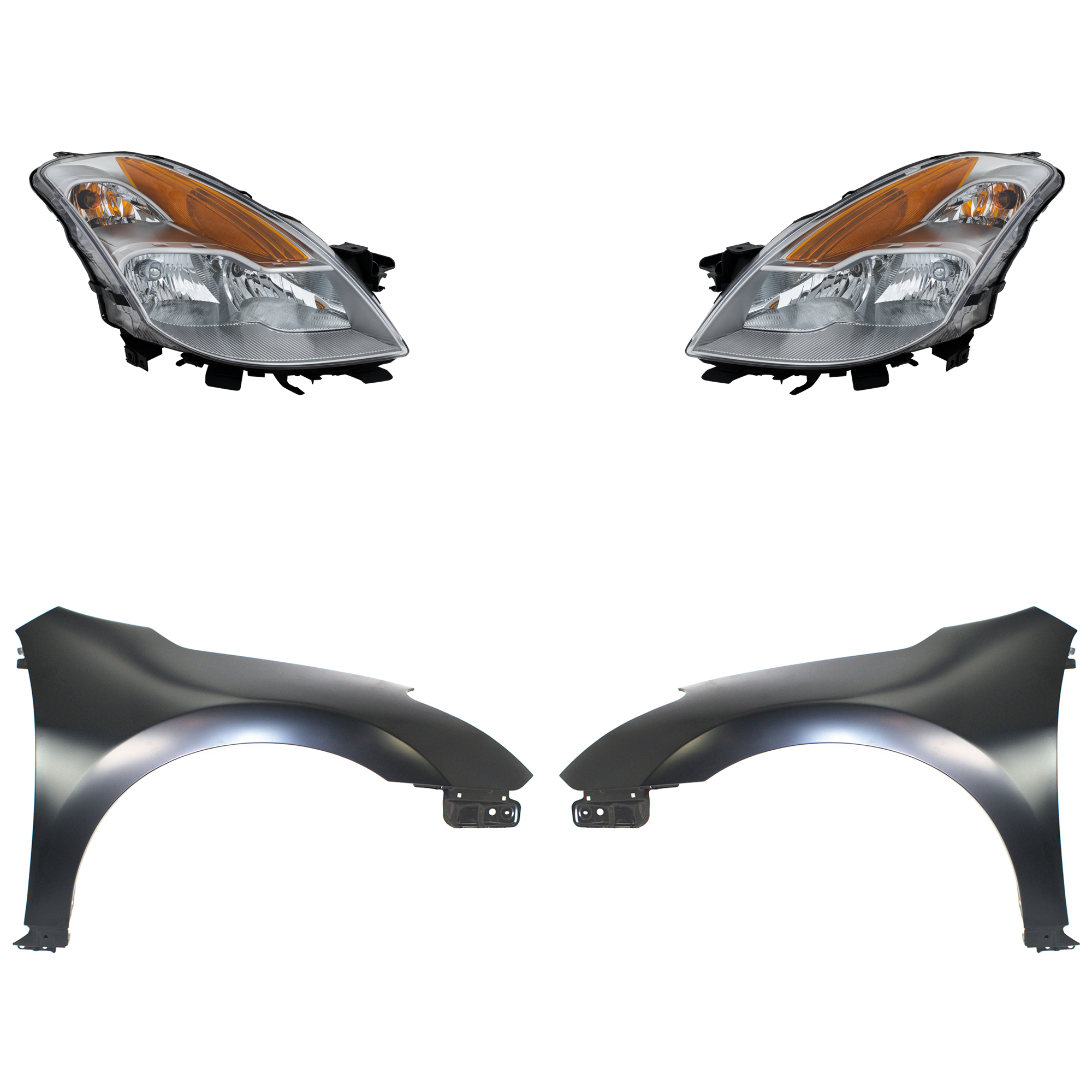 AM ALTIMA 08-08 FRONT FENDER RH AND LH Primed 4 pc Kit with Headlights SKU KIT 030823-4503 Partslink NI1241195 NI1240195 NI2502176 NI2503176 OEM 63100ZN65A 63101ZN65A 26060JB1