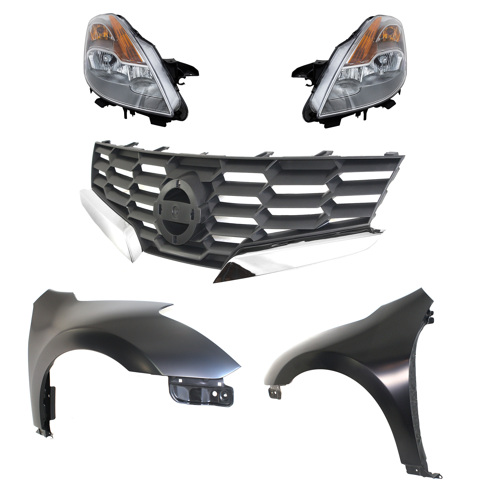 AM ALTIMA 08-08 FRONT FENDER RH AND LH Primed 5 pc Kit with Grille and Headlights SKU KIT 030823-45 Partslink NI1240195 NI1241195 NI1200225 NI2503176 NI2502176 OEM 63101ZN65A 63100ZN65A 62070JB1