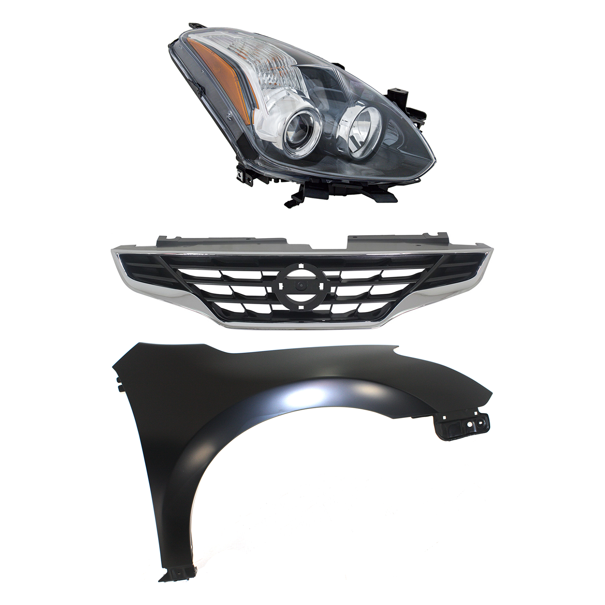 AM ALTIMA 10-13 FRONT FENDER RH Primed 3 pc Kit with Grille and Headlight SKU KIT 030823-4601 Partslink NI1241195 NI1200245 NI2503191 OEM 63100ZN65A 62070ZX10A 26010ZX1