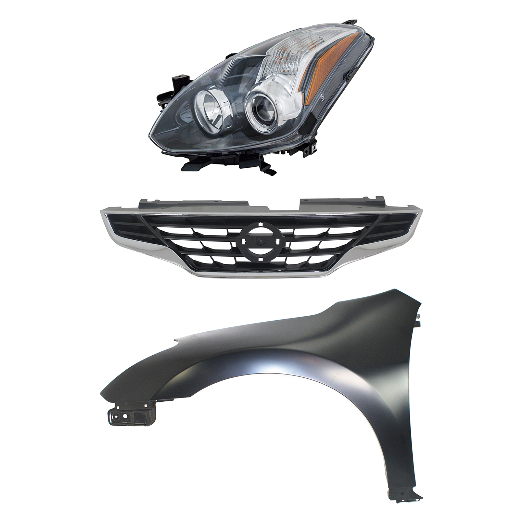 AM ALTIMA 10-13 FRONT FENDER LH Primed 3 pc Kit with Grille and Headlight SKU KIT 030823-4602 Partslink NI1240195 NI1200245 NI2502191 OEM 63101ZN65A 62070ZX10A 26060ZX1