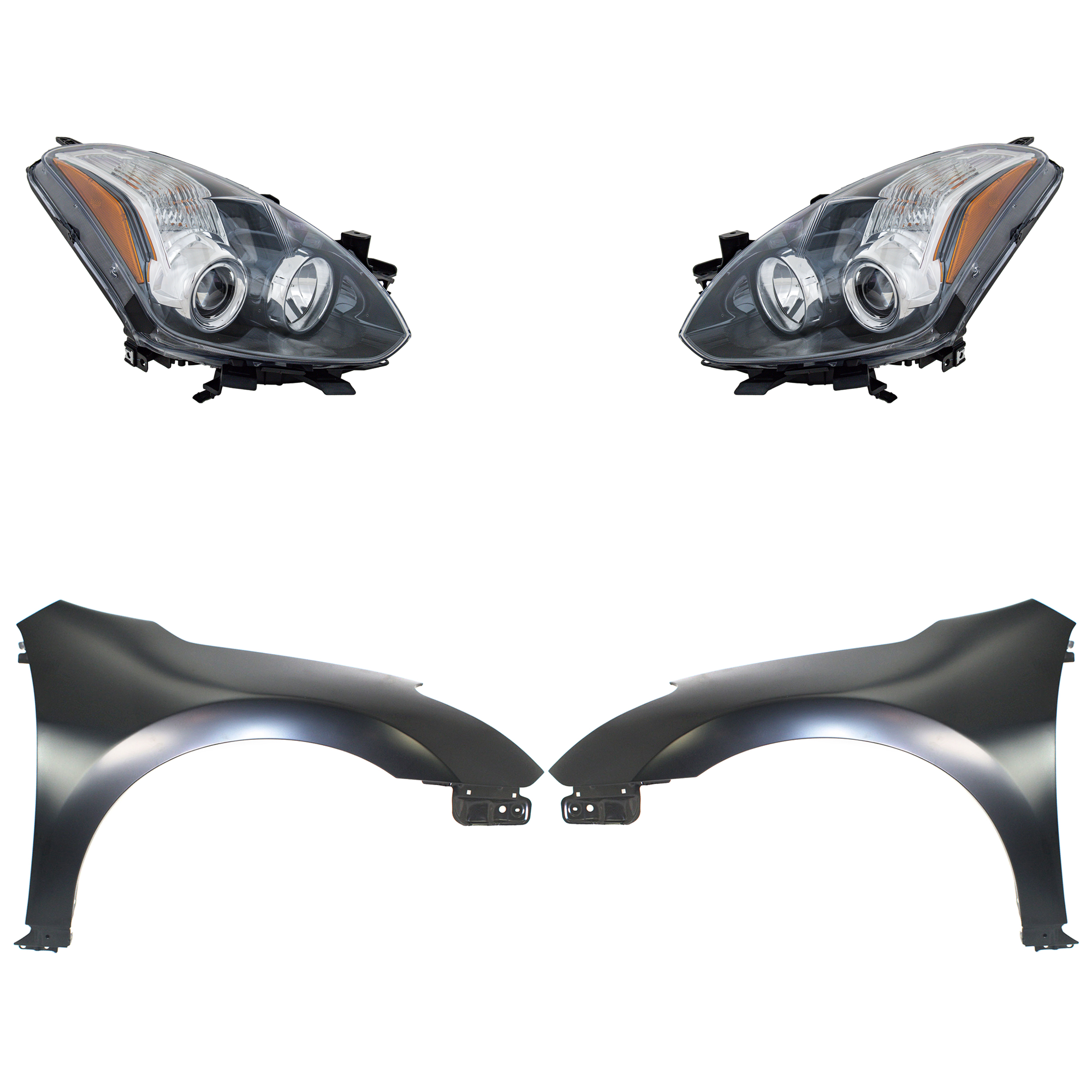 AM ALTIMA 10-13 FRONT FENDER RH AND LH Primed 4 pc Kit with Headlights SKU KIT 030823-4603 Partslink NI1240195 NI1241195 NI2502191 NI2503191 OEM 63100ZN65A 63101ZN65A 26060ZX1