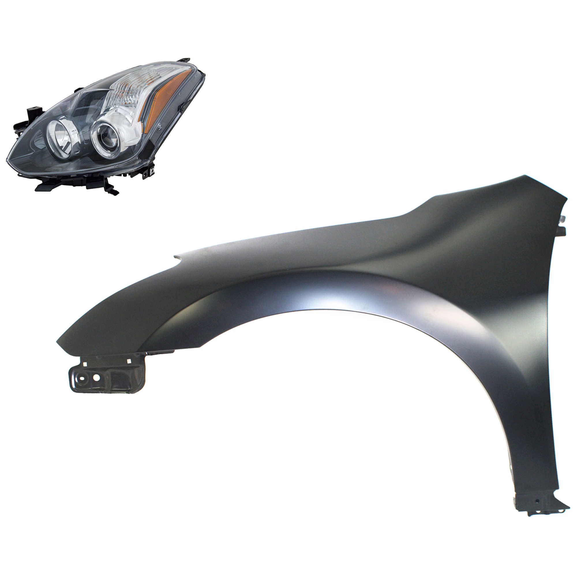 AM ALTIMA 10-13 FRONT FENDER LH Primed 2 pc Kit with Headlight SKU KIT 030823-4605 Partslink NI1240195 NI2502191 OEM 63101ZN65A 26060ZX10B