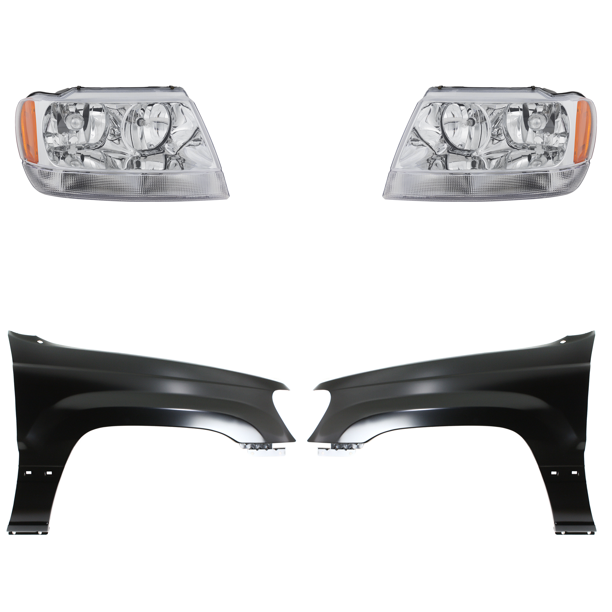 AM GRAND CHEROKEE 04-04 HEAD LAMP RH AND LH Assembly Halogen 4 pc Kit with Fenders SKU KIT 030823-7603 Partslink CH2502120 CH2503120 CH1240211 CH1241211 OEM 55155552AI 55155553AI 55135901