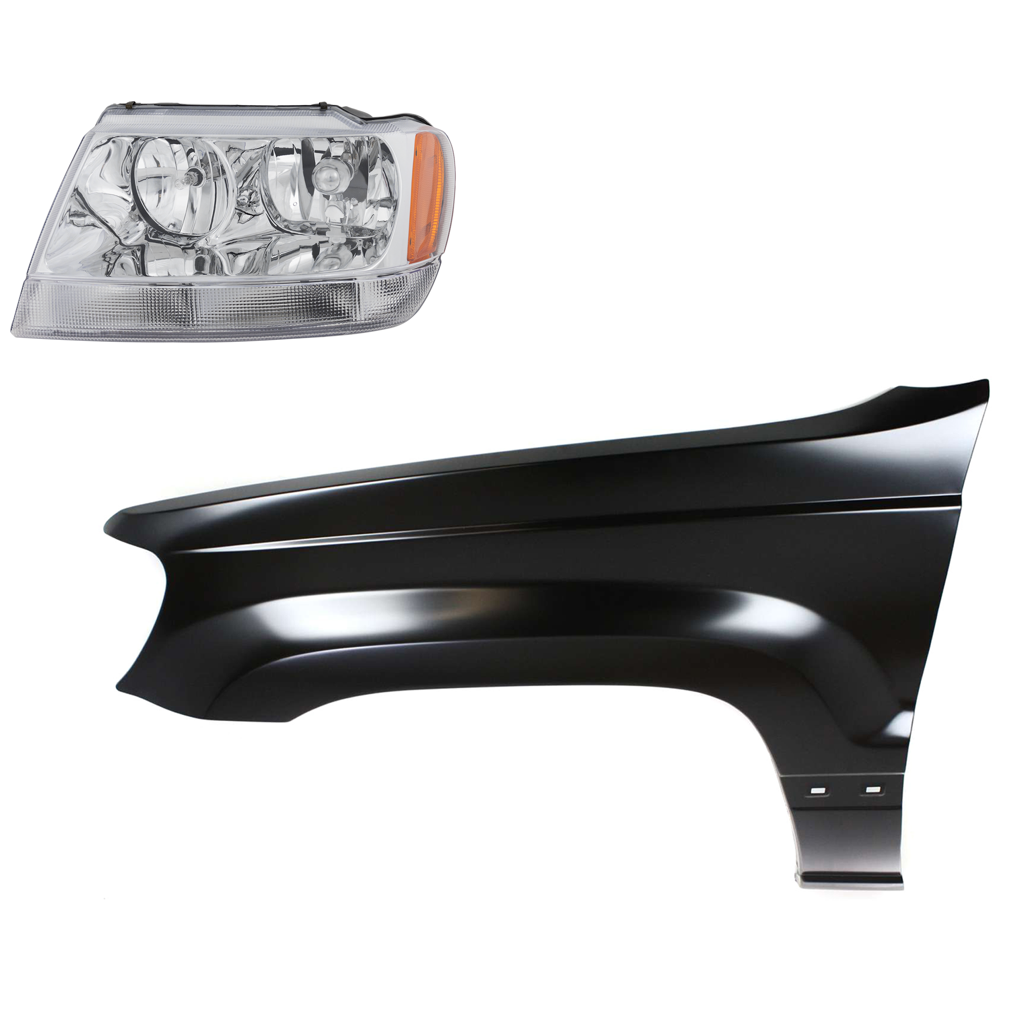AM GRAND CHEROKEE 04-04 HEAD LAMP LH Assembly Halogen 2 pc Kit with Fender SKU KIT 030823-7605 Partslink CH2502120 CH1240211 OEM 55155553AI 55135901AC