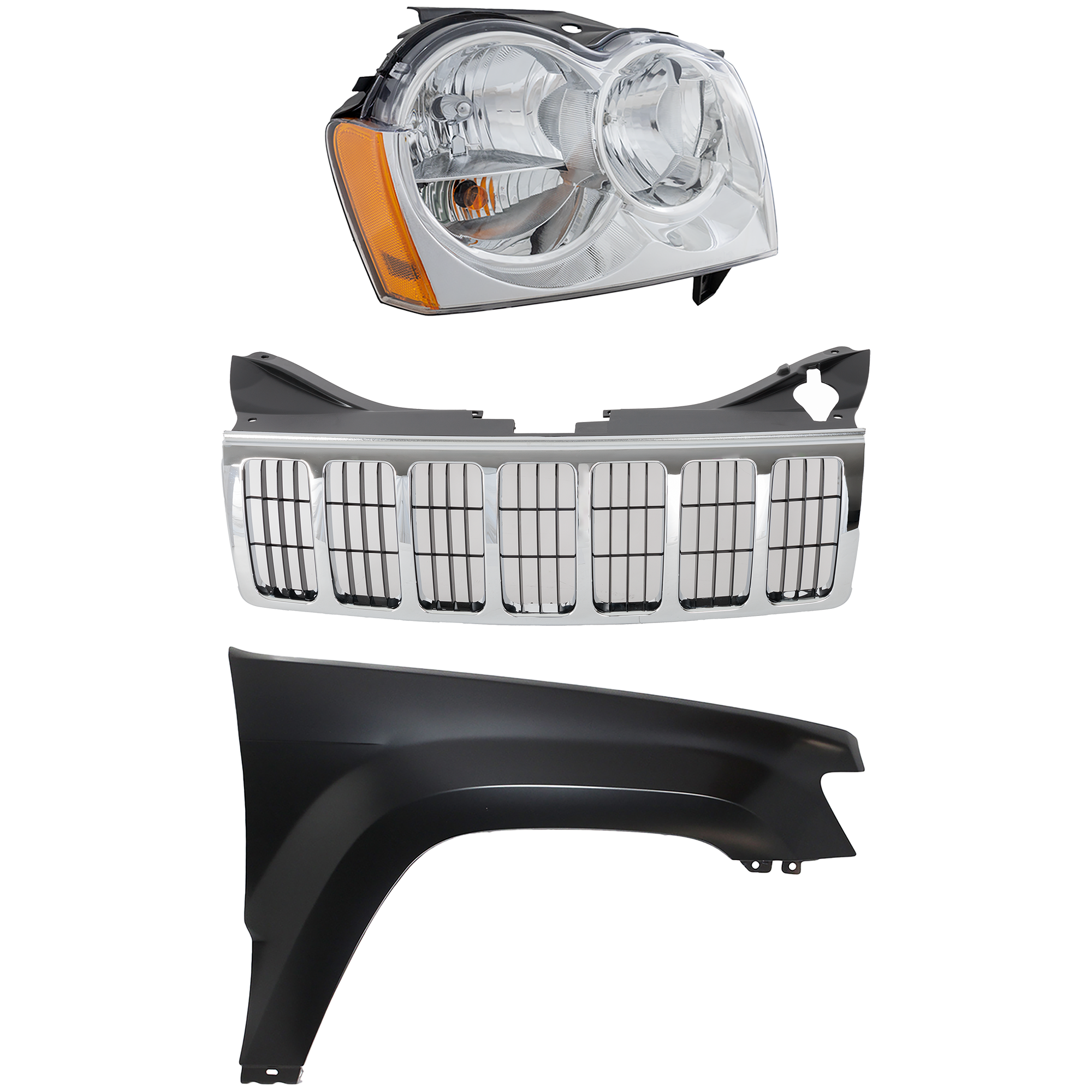 AM GRAND CHEROKEE 05-07 GRILLE Chrome Shell and Insert 3 pc Kit with Fender and Headlight SKU KIT 030823-7801 Partslink CH1200284 CH1241242 CH2503160 OEM 55156814AE 55394450AB 55156350