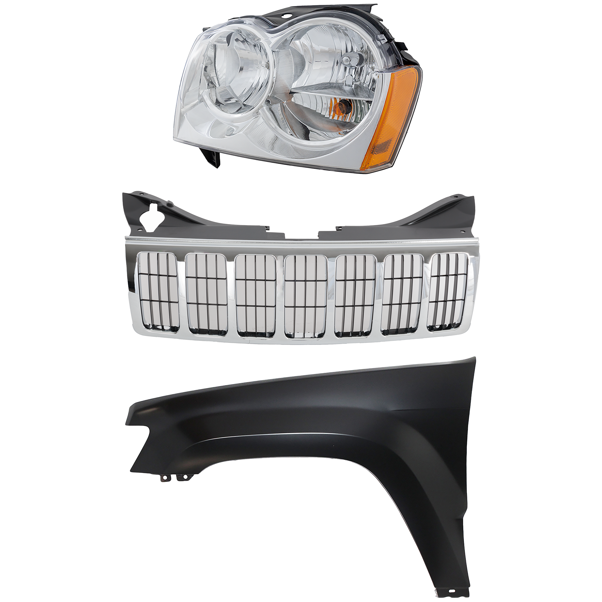 AM GRAND CHEROKEE 05-07 GRILLE Chrome Shell and Insert 3 pc Kit with Fender and Headlight SKU KIT 030823-7802 Partslink CH1200284 CH1240242 CH2502160 OEM 55156814AE 55394451AB 55156351