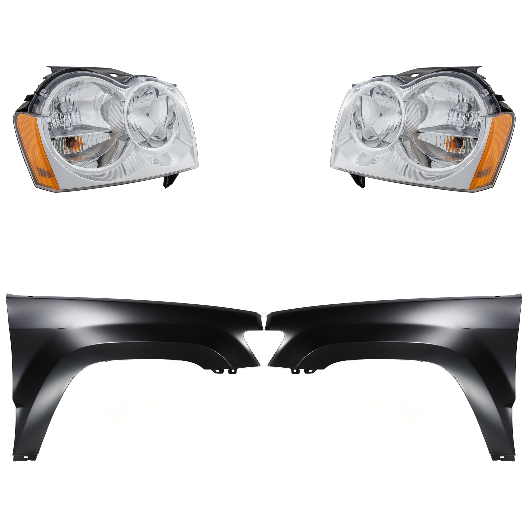 AM GRAND CHEROKEE 05-07 HEAD LAMP RH AND LH Assembly Halogen 4 pc Kit with Fenders SKU KIT 030823-7803 Partslink CH2503160 CH2502160 CH1240242 CH1241242 OEM 55156350AK 55156351AK 55394451