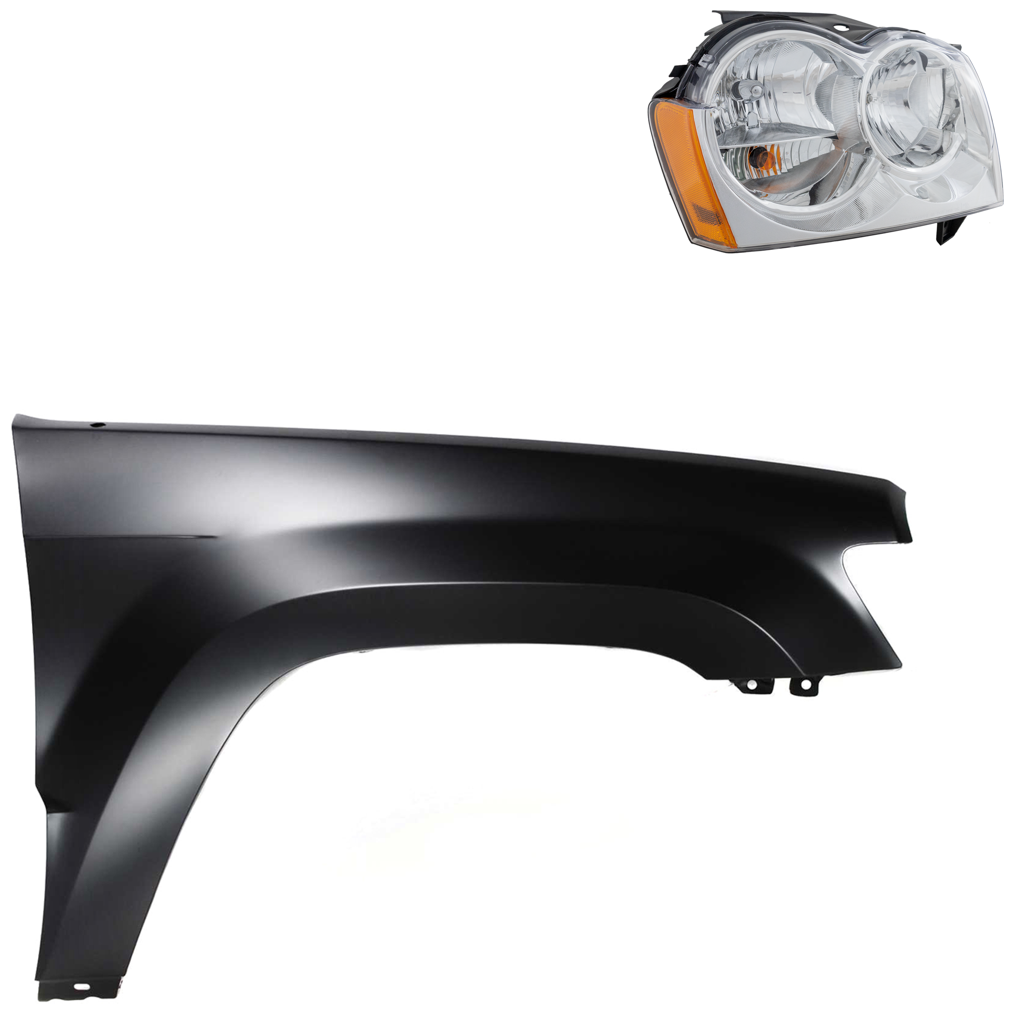 AM GRAND CHEROKEE 05-07 HEAD LAMP RH Assembly Halogen 2 pc Kit with Fender SKU KIT 030823-7804 Partslink CH2503160 CH1241242 OEM 55156350AK 55394450AB