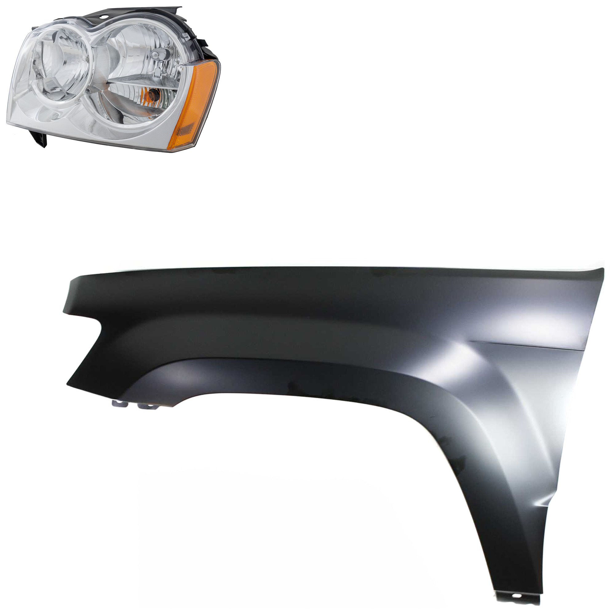 AM GRAND CHEROKEE 05-07 HEAD LAMP LH Assembly Halogen 2 pc Kit with Fender SKU KIT 030823-7805 Partslink CH2502160 CH1240242 OEM 55156351AK 55394451AB