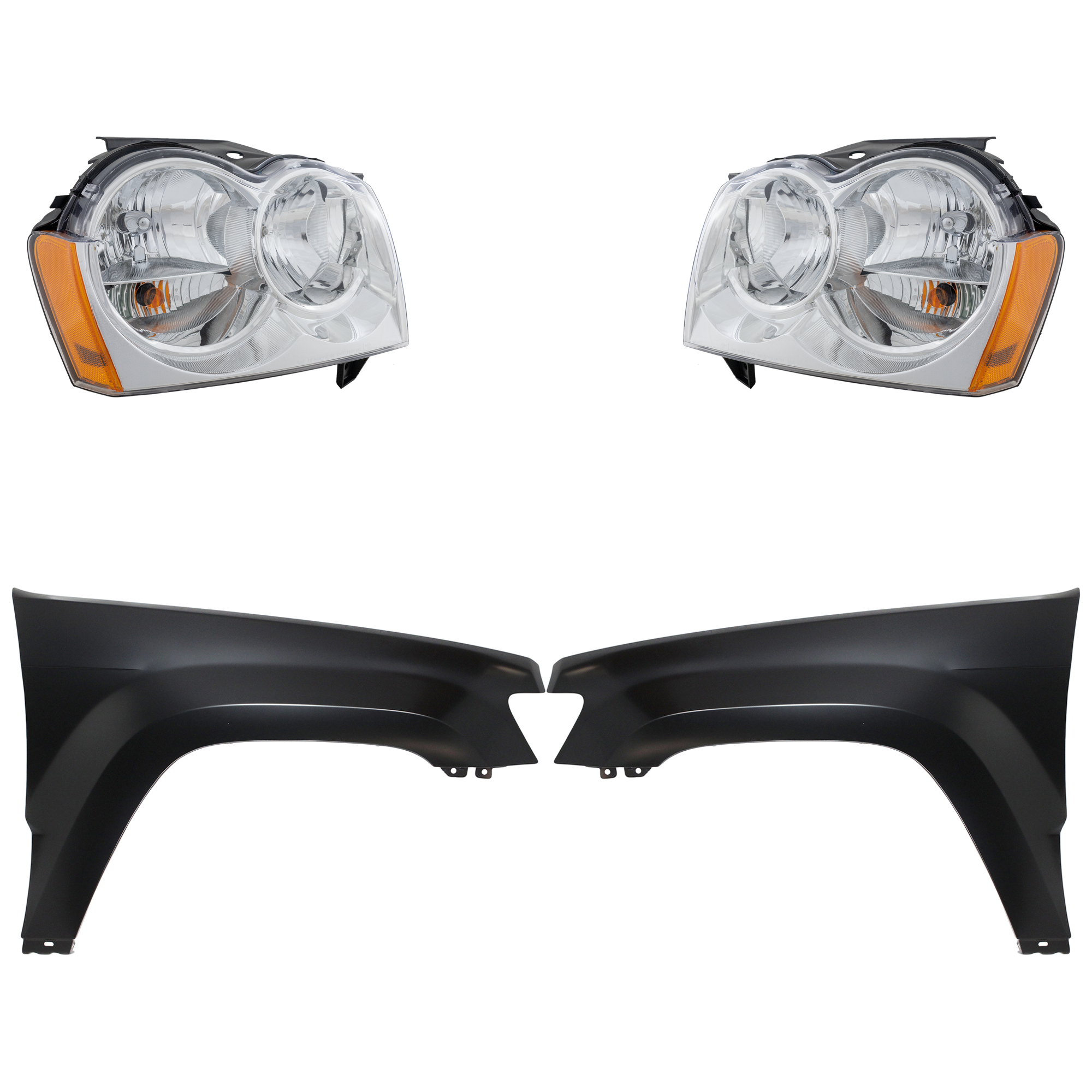 AM GRAND CHEROKEE 05-07 HEAD LAMP RH AND LH Assembly Halogen 4 pc Kit with Fenders SKU KIT 030823-7903 Partslink CH1240242C CH1241242C CH2502160C CH2503160C OEM 55156350AK 55156351AK 55394450