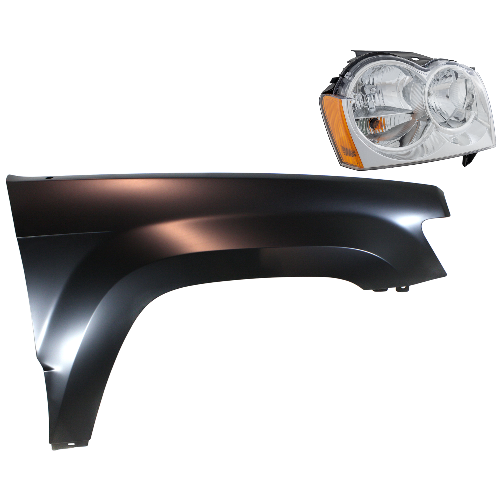 AM GRAND CHEROKEE 05-07 HEAD LAMP RH Assembly Halogen 2 pc Kit with Fender SKU KIT 030823-7904 Partslink CH1241242C CH2503160C OEM 55156350AK 55394450AB