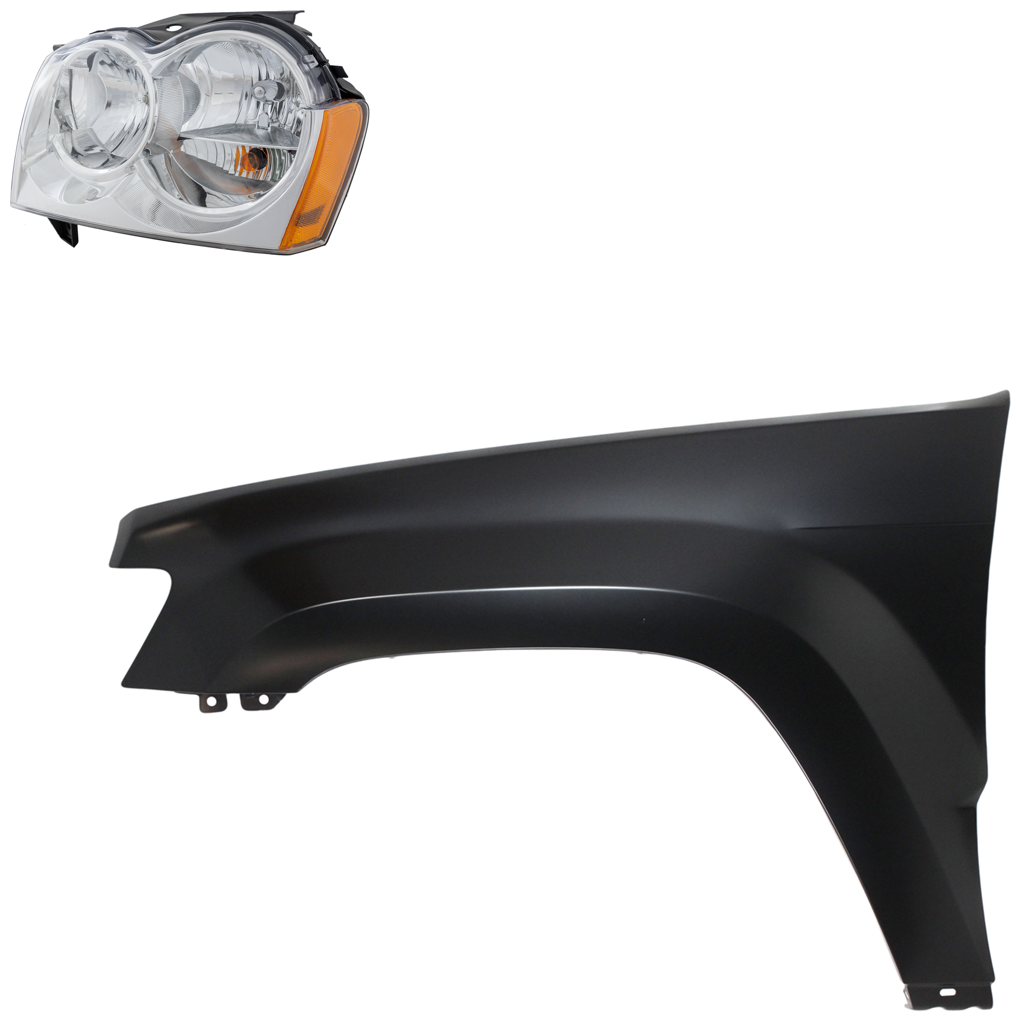 AM GRAND CHEROKEE 05-07 HEAD LAMP LH Assembly Halogen 2 pc Kit with Fender SKU KIT 030823-7905 Partslink CH1240242C CH2502160C OEM 55156351AK 55394451AB