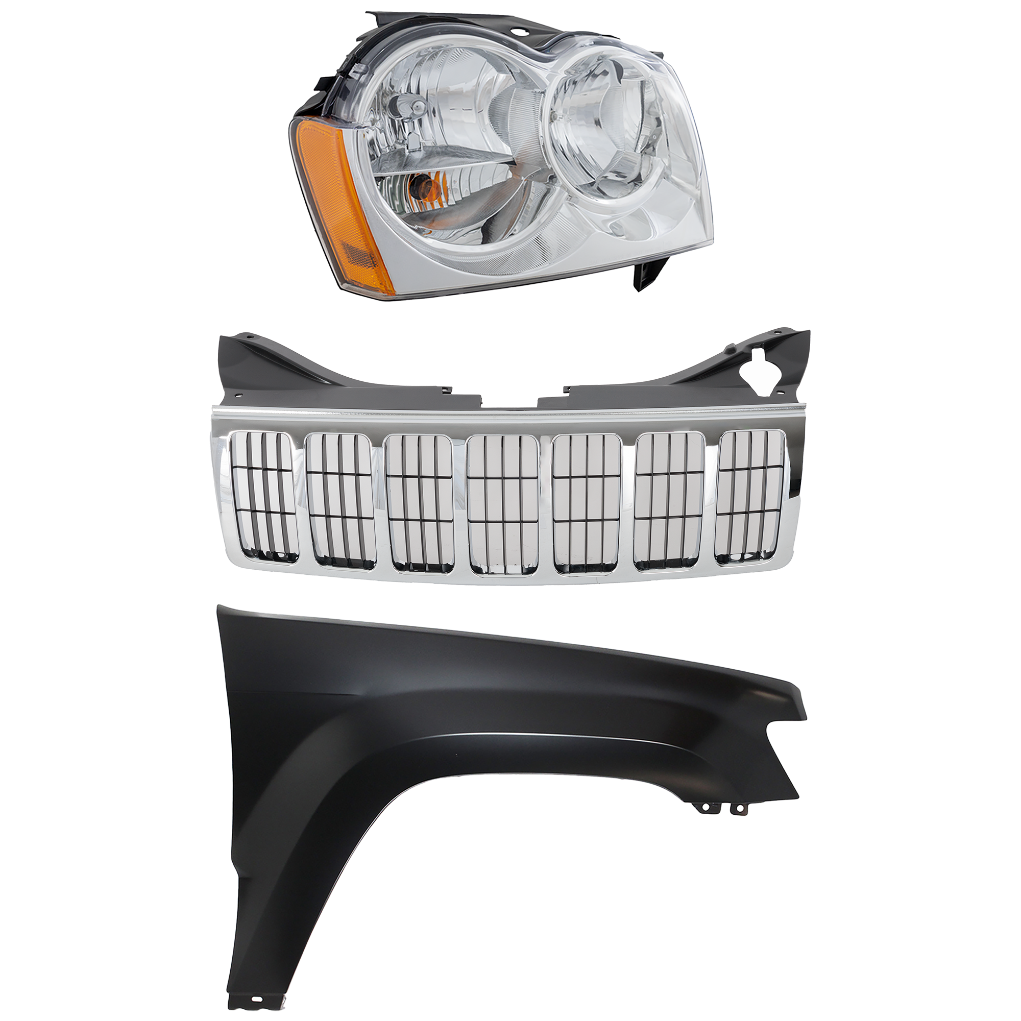 AM GRAND CHEROKEE 05-07 GRILLE Chrome Shell and Insert 3 pc Kit with Fender and Headlight SKU KIT 030823-8001 Partslink CH1200284 CH1241242C CH2503160C OEM 55156350AK 55156814AE 55394450