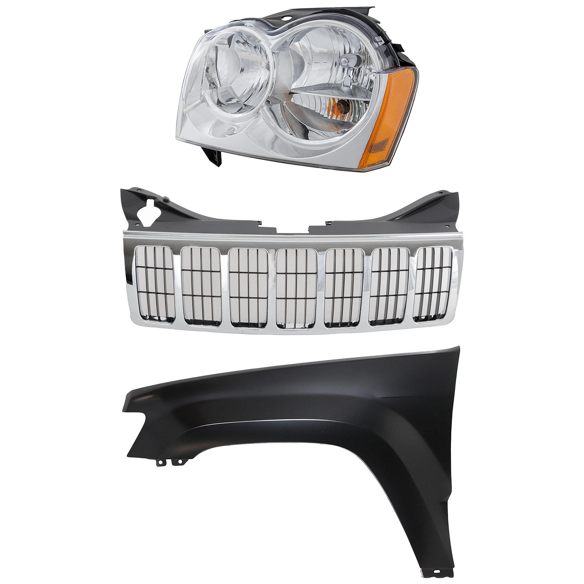 AM GRAND CHEROKEE 05-07 GRILLE Chrome Shell and Insert 3 pc Kit with Fender and Headlight SKU KIT 030823-8002 Partslink CH1200284 CH1240242C CH2502160C OEM 55156351AK 55156814AE 55394451