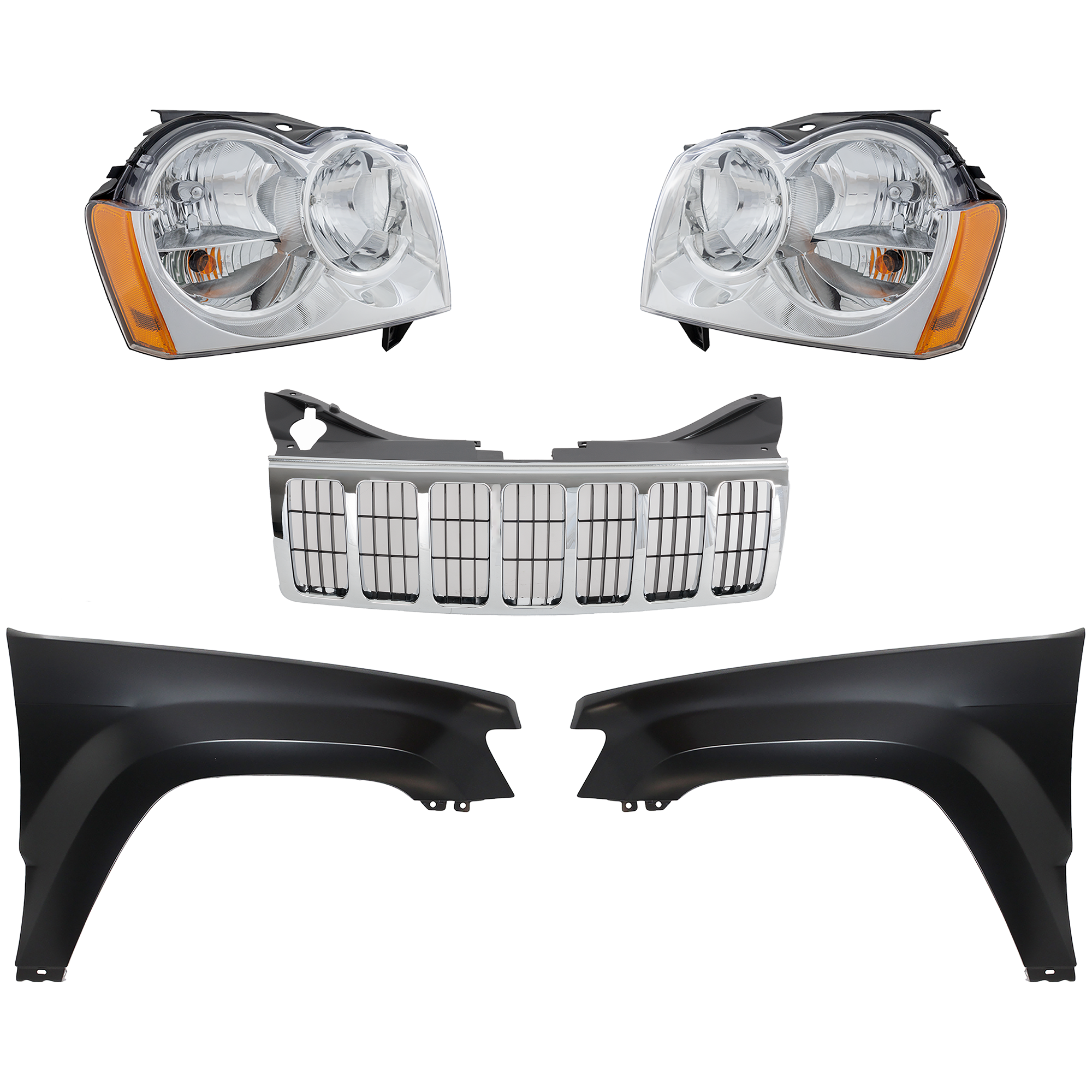 AM GRAND CHEROKEE 05-07 GRILLE Chrome Shell and Insert 5 pc Kit with Fenders and Headlights SKU KIT 030823-80 Partslink CH1200284 CH1240242C CH1241242C CH2502160C CH2503160C OEM 55156350AK 55156351AK 55156814