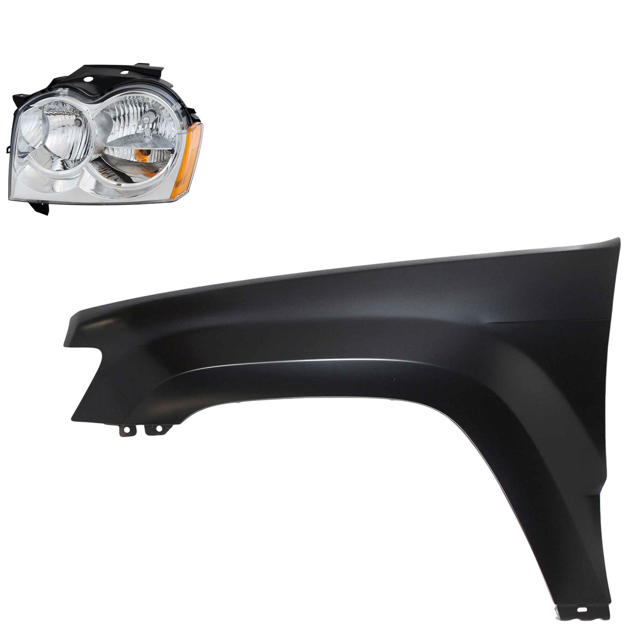 AM GRAND CHEROKEE 05-07 HEAD LAMP LH Assembly Halogen 2 pc Kit with Fender SKU KIT 030823-8105 Partslink CH1240242C OEM 55156351AK PFM 55394451AB
