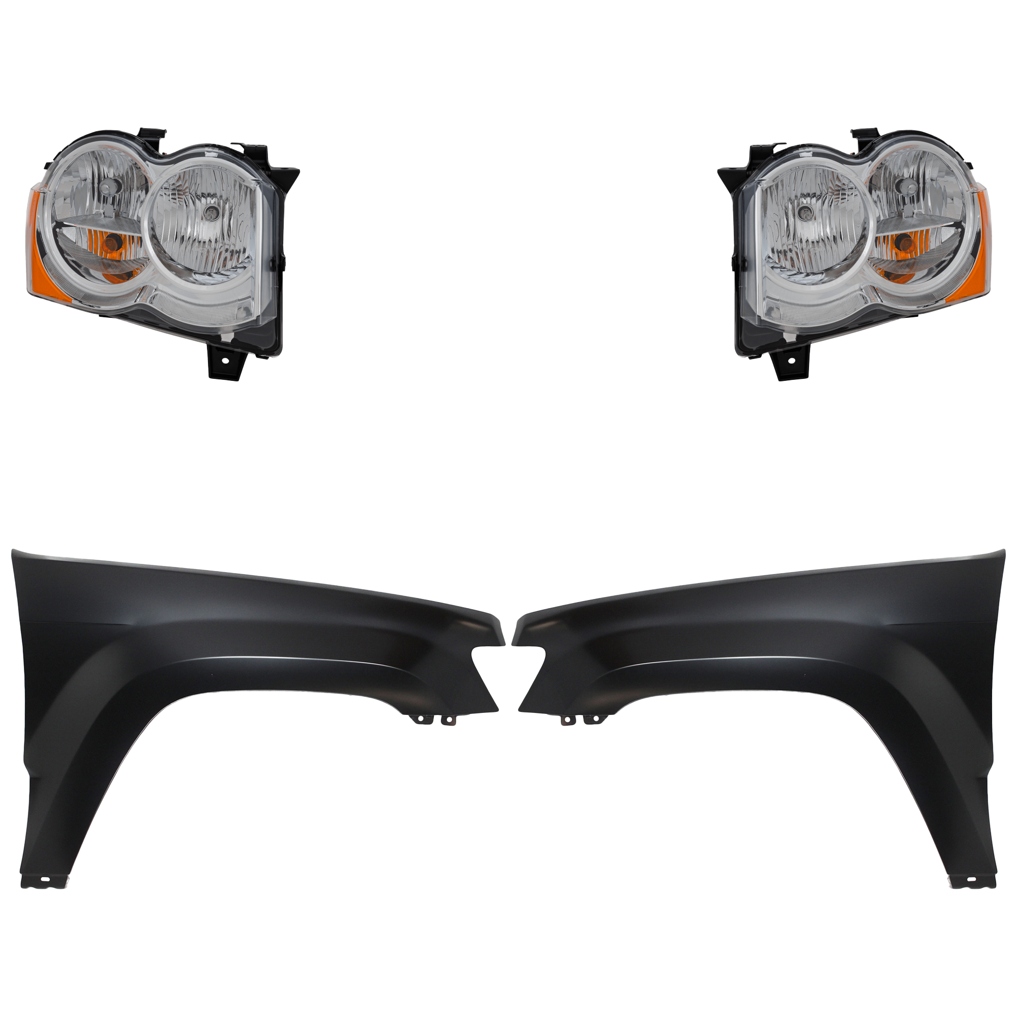 AM GRAND CHEROKEE 08-09 HEAD LAMP RH AND LH Assembly Halogen 4 pc Kit with Fenders SKU KIT 030823-8203 Partslink CH1240242 CH1241242 OEM 55157482AE PFM 55157483AE PFM