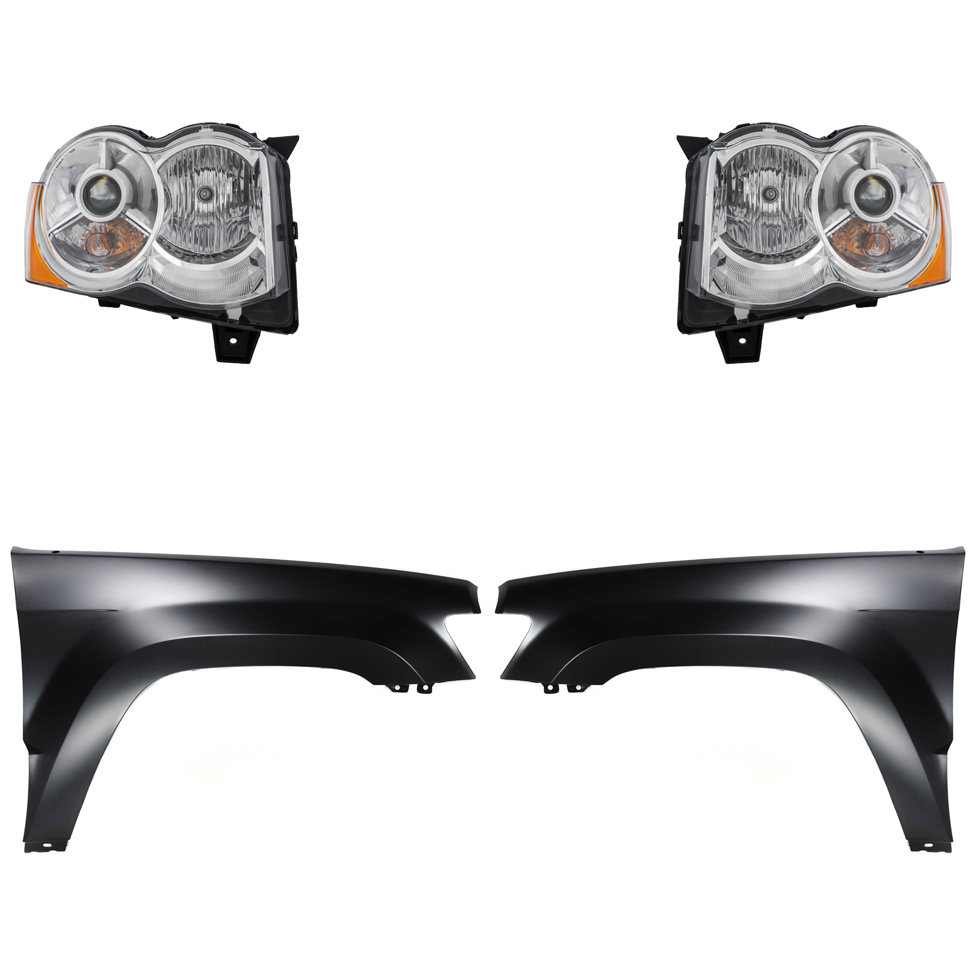 AM GRAND CHEROKEE 08-09 HEAD LAMP RH AND LH Lens and Housing HID Xenon 4 pc Kit with Fenders SKU KIT 030823-8303 Partslink CH2519129 CH2518129 CH1240242 CH1241242 OEM 55157484AH 55157484AD 55157484