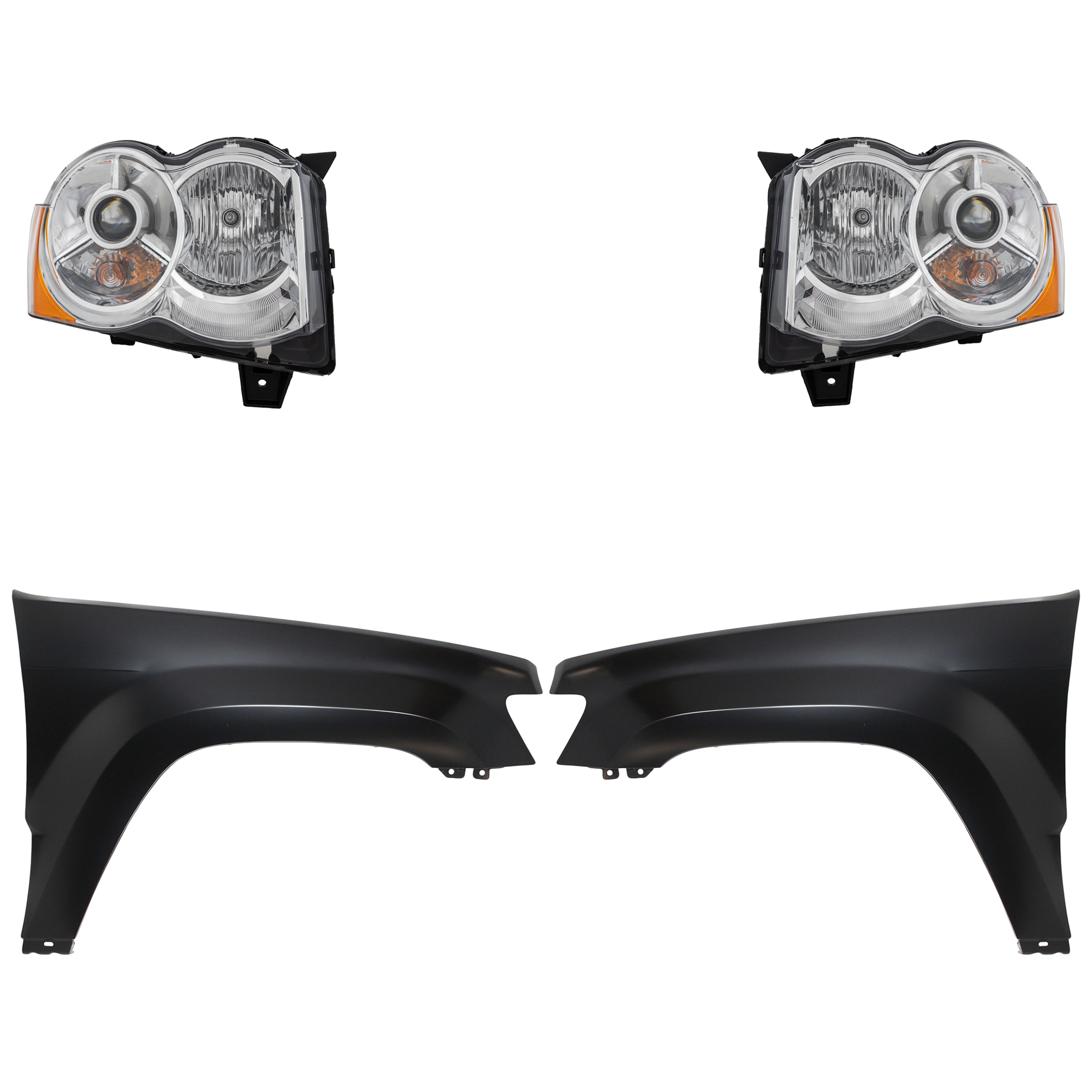 AM GRAND CHEROKEE 08-09 HEAD LAMP RH AND LH Lens and Housing HID Xenon 4 pc Kit with Fenders SKU KIT 030823-8503 Partslink CH1240242C CH1241242C CH2518129 CH2519129 OEM 55157484AH 55157484AD 55157484