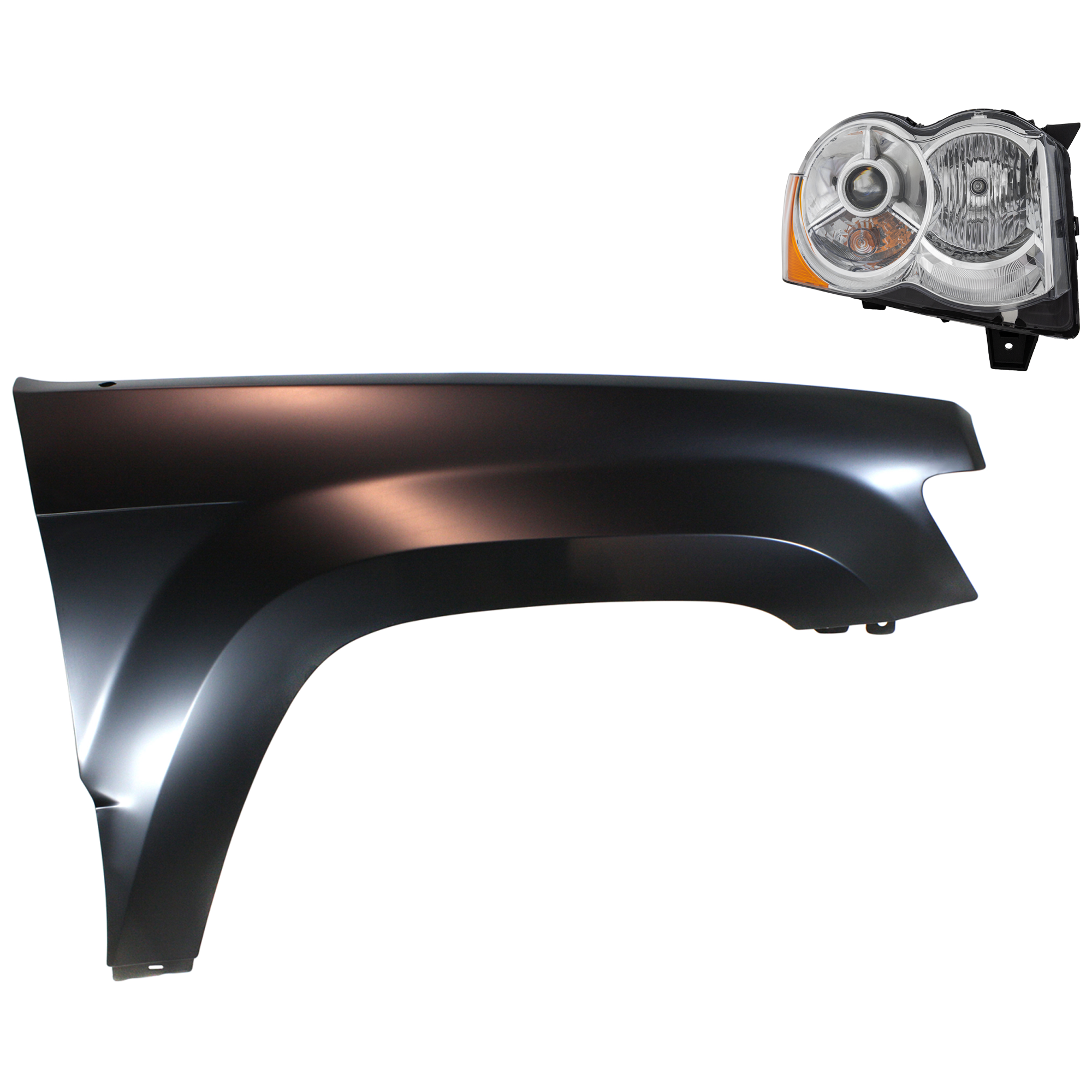 AM GRAND CHEROKEE 08-09 HEAD LAMP RH Lens and Housing HID Xenon 2 pc Kit with Fender SKU KIT 030823-8504 Partslink CH1241242C CH2519129 OEM 55157484AH 55157484AD 55157484