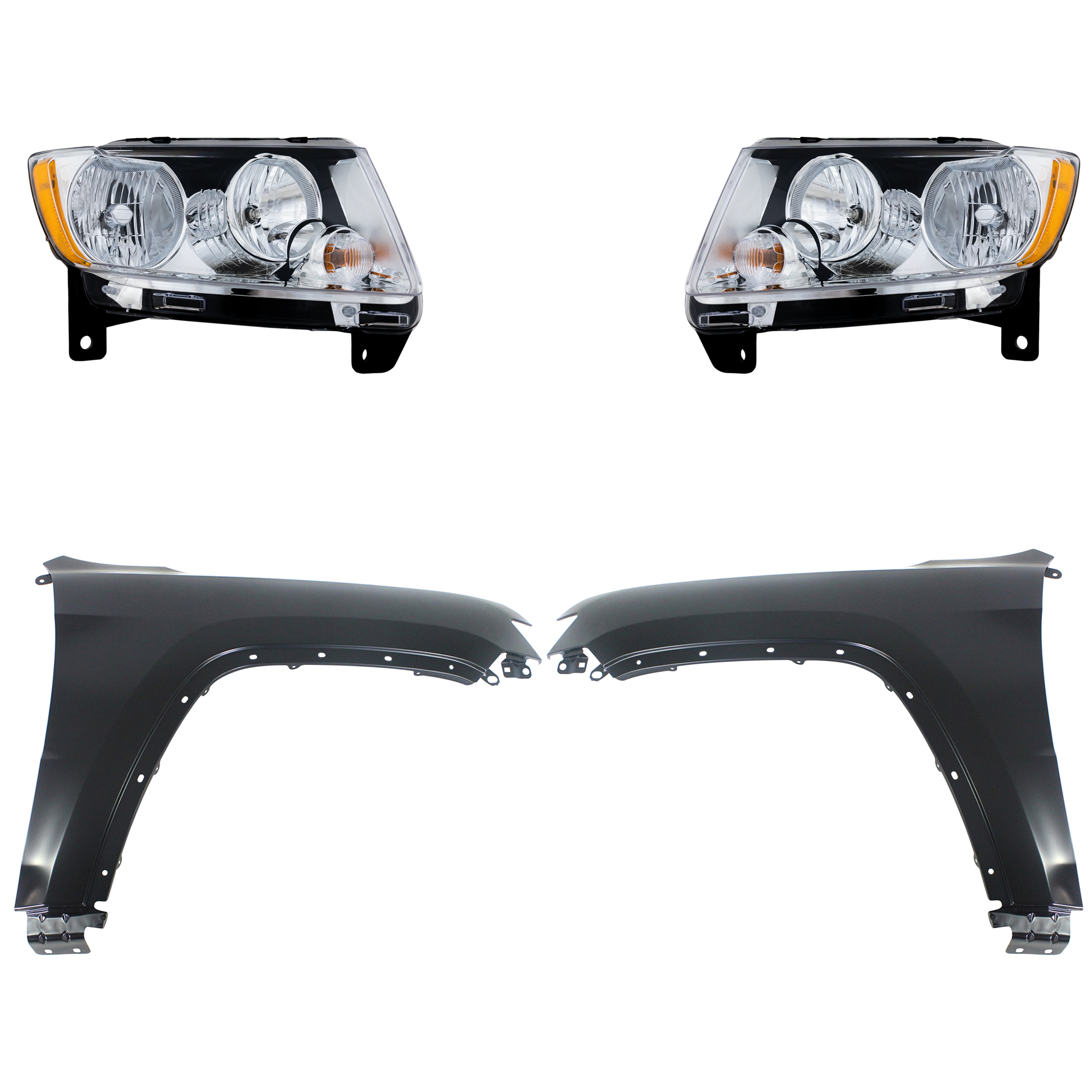 AM GRAND CHEROKEE 11-13 HEAD LAMP RH AND LH Assembly Halogen 4 pc Kit with Fenders SKU KIT 030823-8803 Partslink CH2502224 CH2503224 CH1240272 CH1241272 OEM 55079378AF 55079379AF 55369597