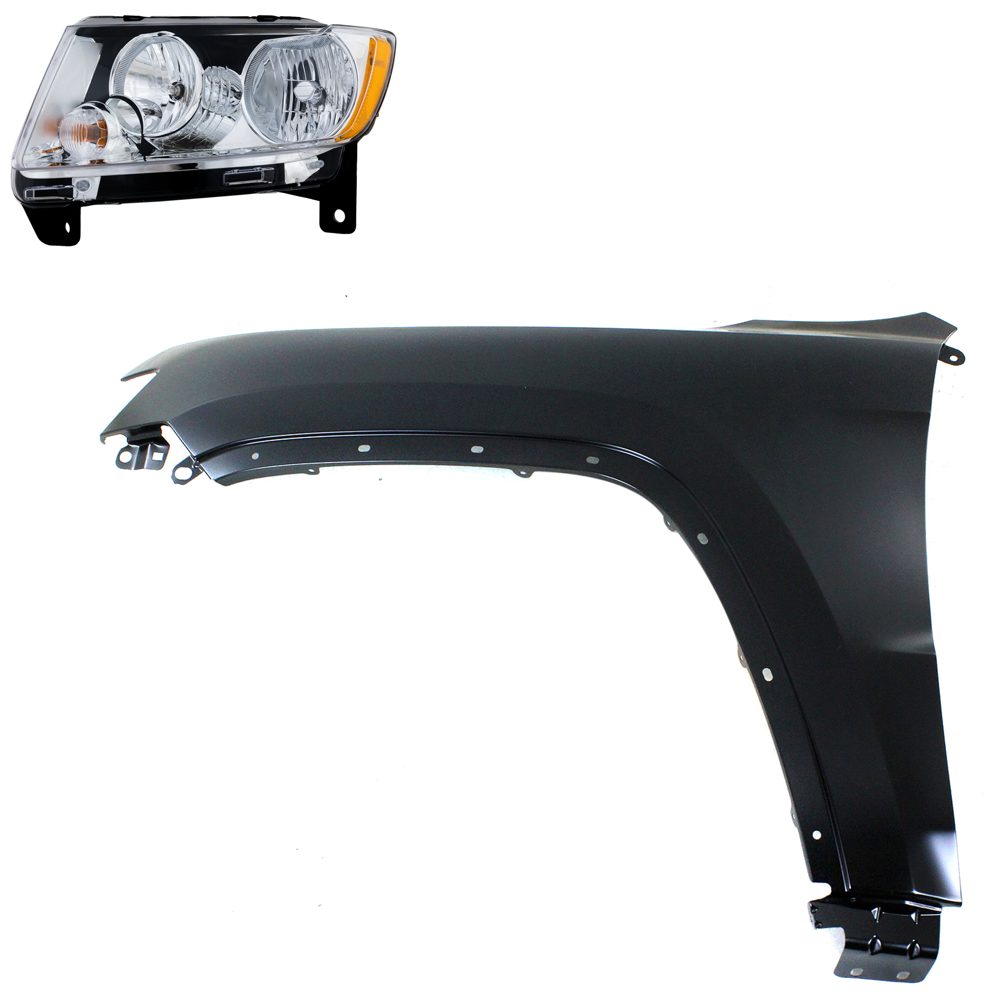 AM GRAND CHEROKEE 11-13 HEAD LAMP LH Assembly Halogen 2 pc Kit with Fender SKU KIT 030823-8905 Partslink CH1240272C CH2502224C OEM 55079379AF 55369597AF