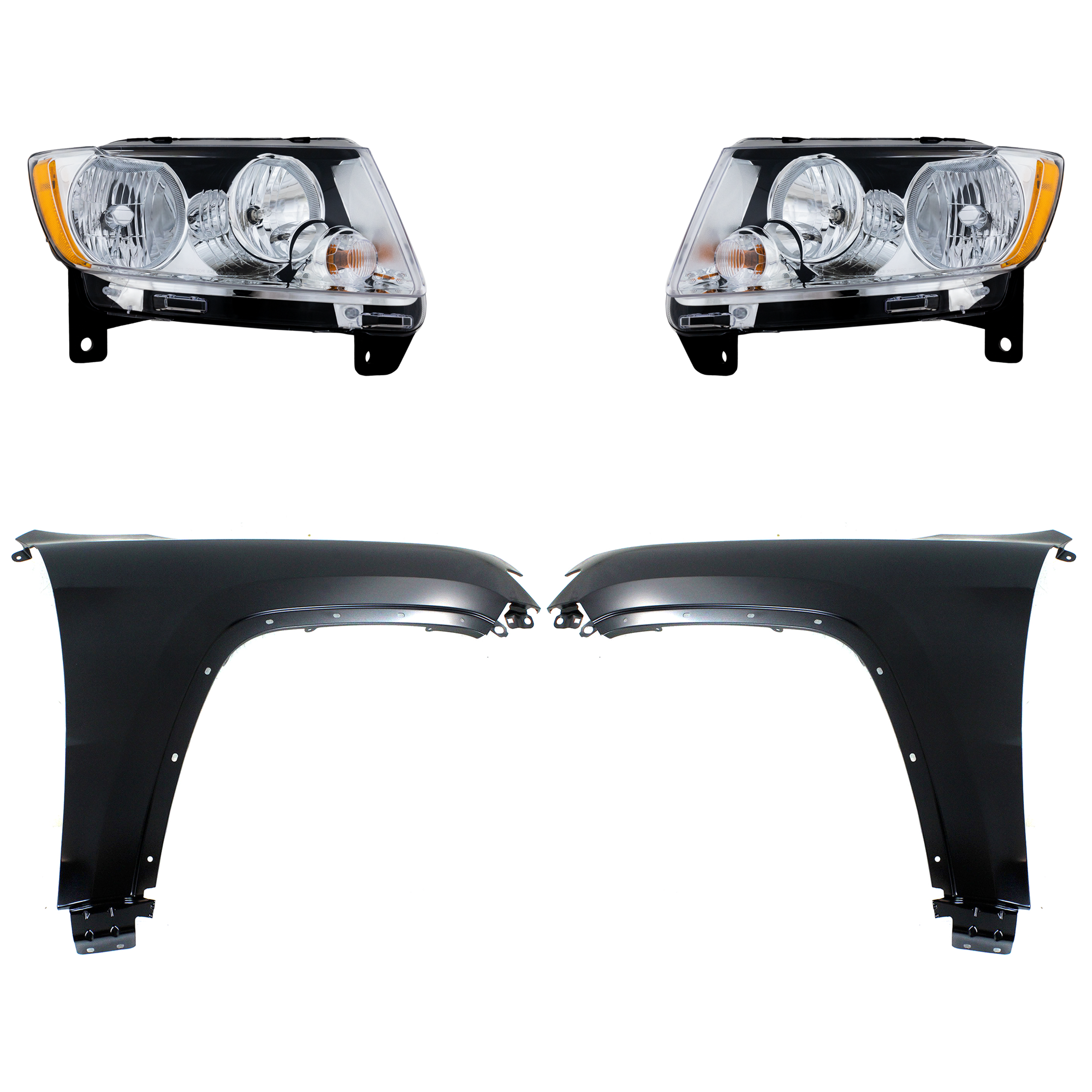 AM GRAND CHEROKEE 11-13 HEAD LAMP RH AND LH Assembly Halogen 4 pc Kit with Fenders SKU KIT 030823-9203 Partslink CH1240272C CH1241272C CH2502224 CH2503224 OEM 55079378AF 55079379AF 55369596