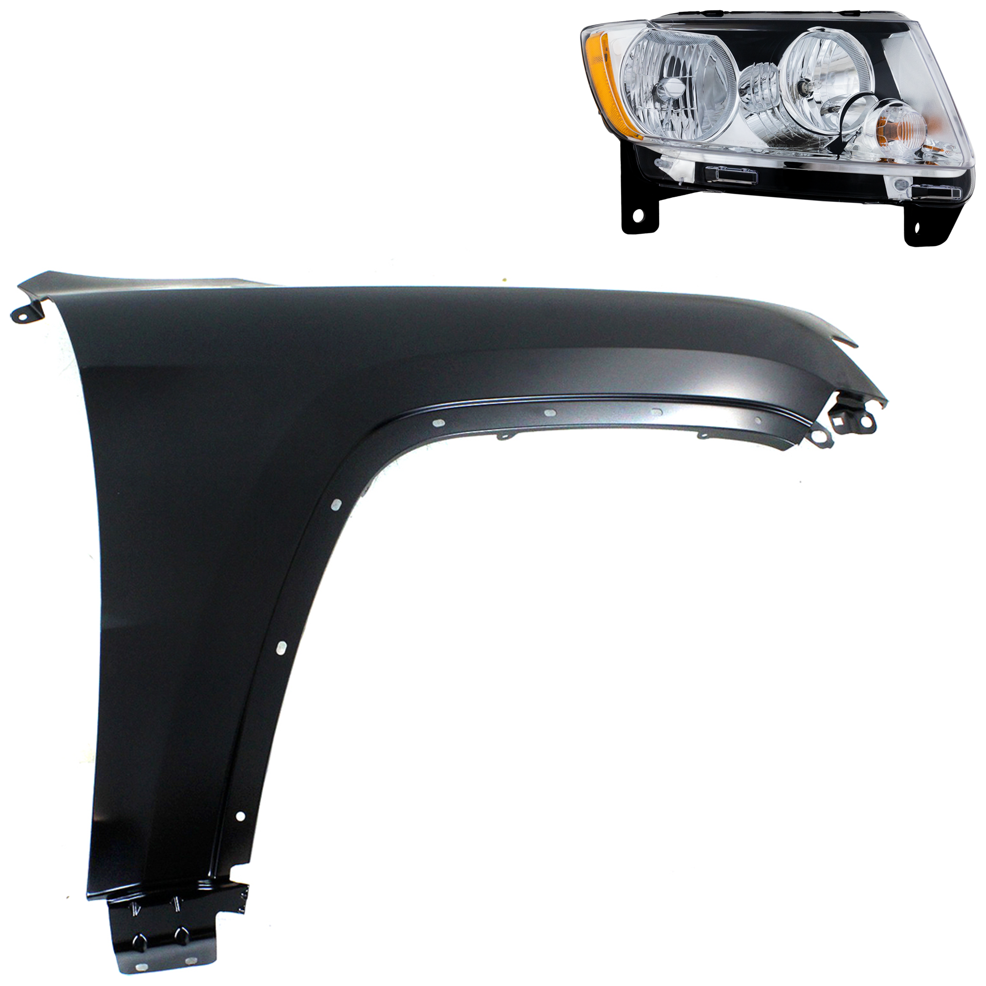AM GRAND CHEROKEE 11-13 HEAD LAMP RH Assembly Halogen 2 pc Kit with Fender SKU KIT 030823-9204 Partslink CH1241272C CH2503224 OEM 55079378AF 55369596AF