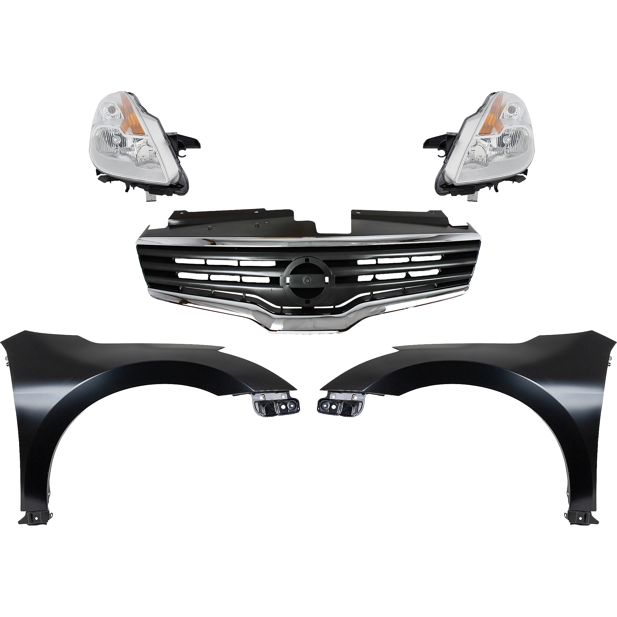 AM ALTIMA 08-09 HEAD LAMP RH AND LH Lens and Housing Halogen 5 pc Kit with Fenders and Grille Assembly SKU KIT 030823-99 Partslink NI2505119 NI1241186 NI1240186 NI1200221 OEM 26060JB10A 26010JB10A 63100ZN5