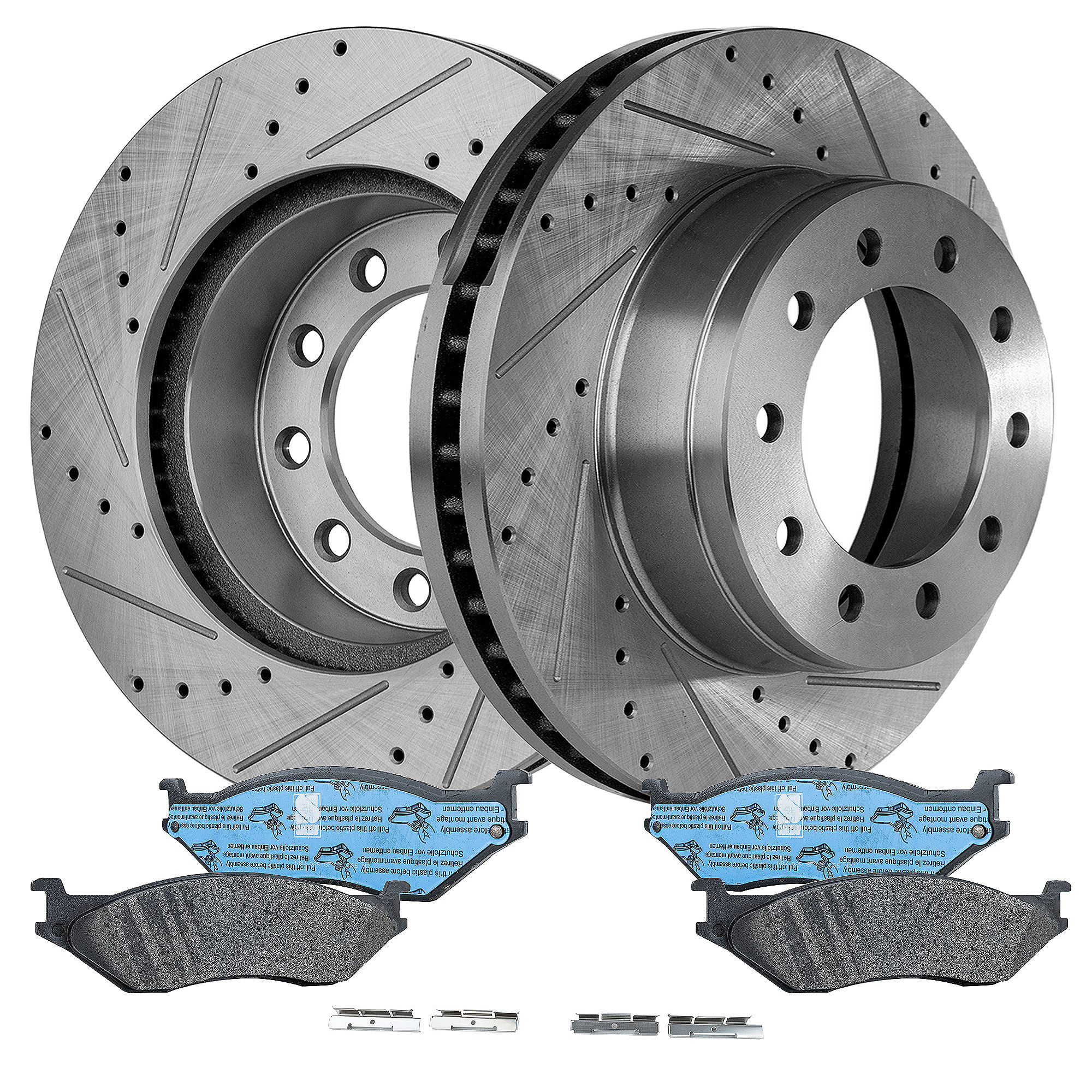 AM F 450 SUPER DUTY F 550 SUPER DUTY 05-16 FRONT BRAKE DISC AND PAD KIT 4 pc Kit Cross drilled and Slotted SKU KIT 030923-02 OEM 54128-680305-60054197-54128G 6