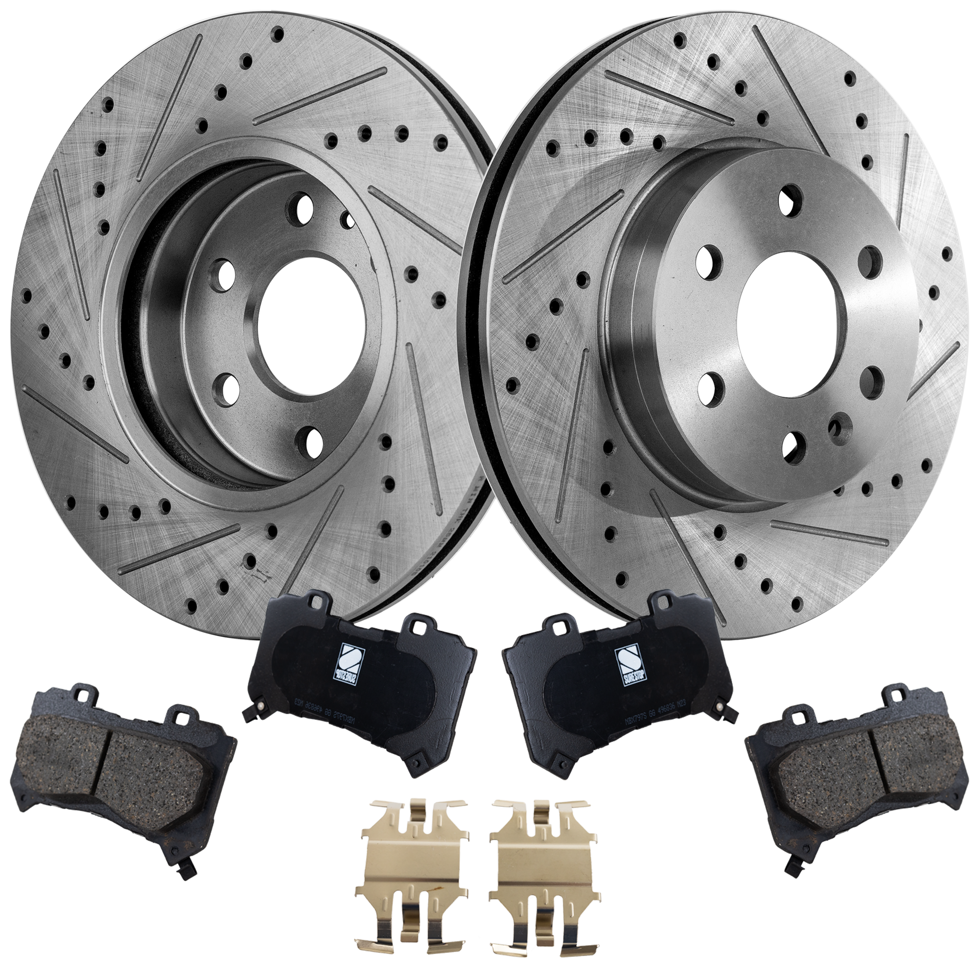 AM COLORADO CANYON 15-20 FRONT BRAKE DISC AND PAD KIT 4 pc kit Cross drilled and Slotted SKU KIT 030923-10 OEM 41324-72035-850481-60048062-58