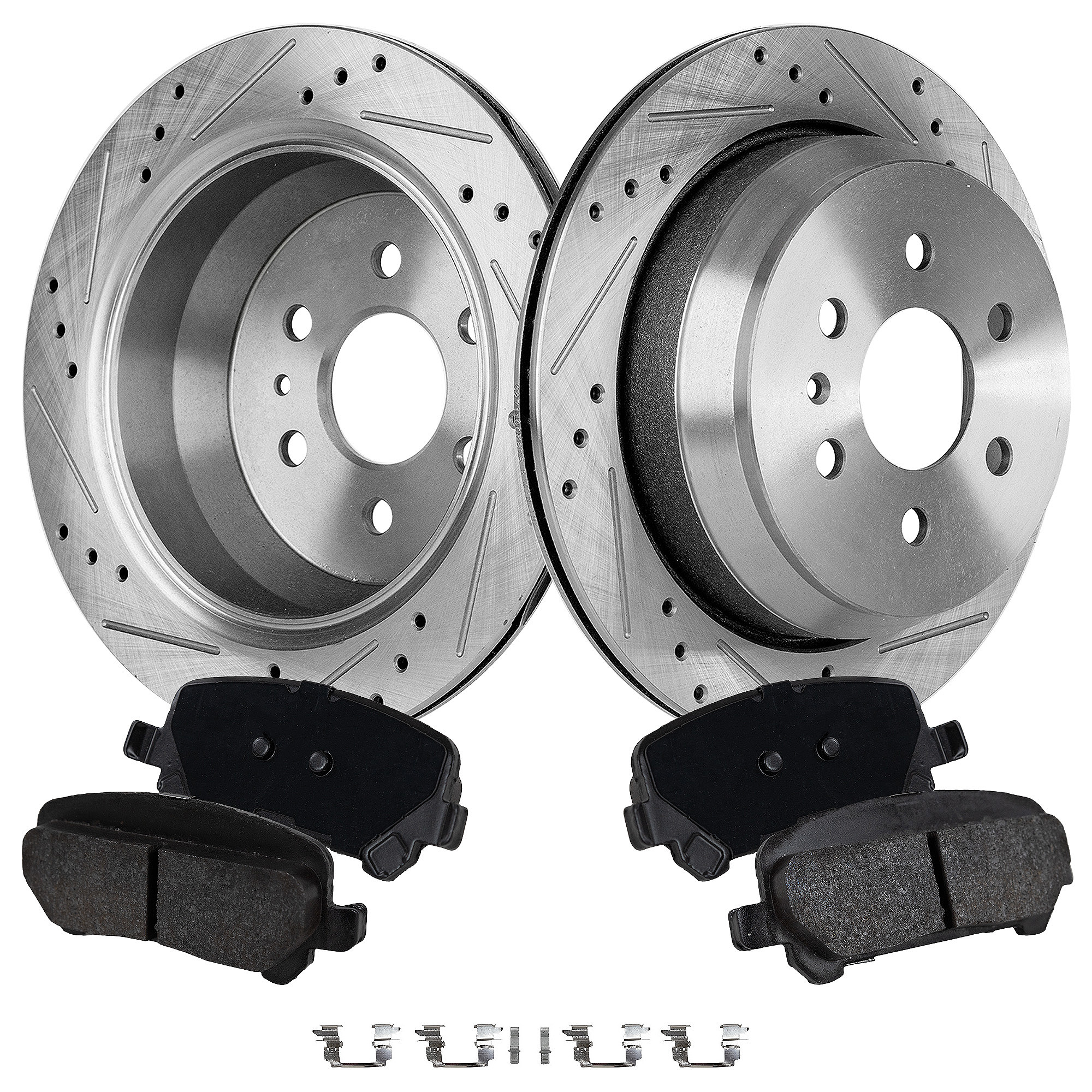 AM COLORADO CANYON 15-20 REAR BRAKE DISC AND PAD KIT 4 pc kit Cross drilled and Slotted SKU KIT 030923-11 OEM 41323-72036-850480-60048063-58