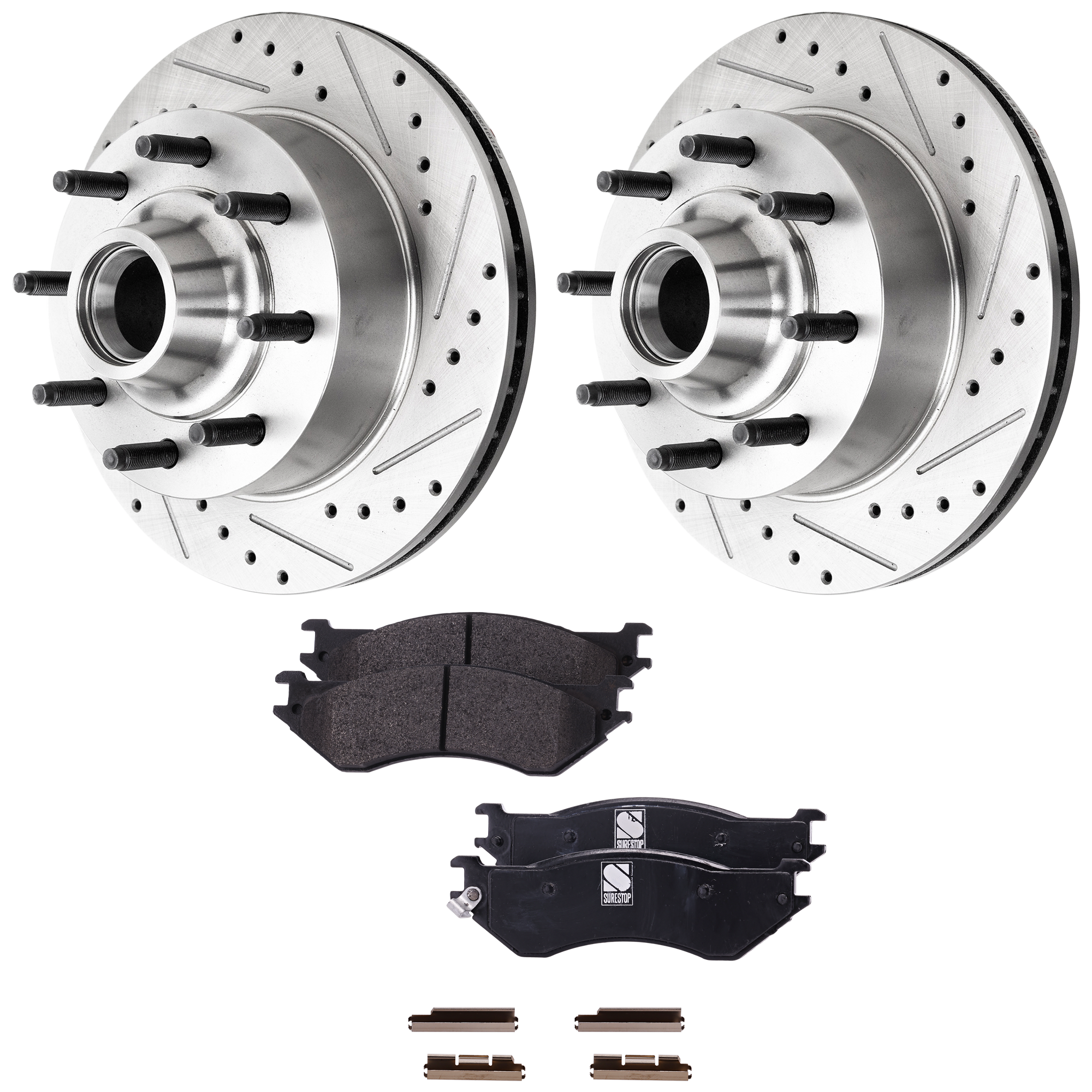 AM F 150-00-03 F 250-97-99 F 150 HERITAGE 04-04 FRONT BRAKE DISC AND PAD KIT 4 pc kit Cross drilled and Slotted SKU KIT 030923-12 OEM 1320-19768-54021-65600-66527-8
