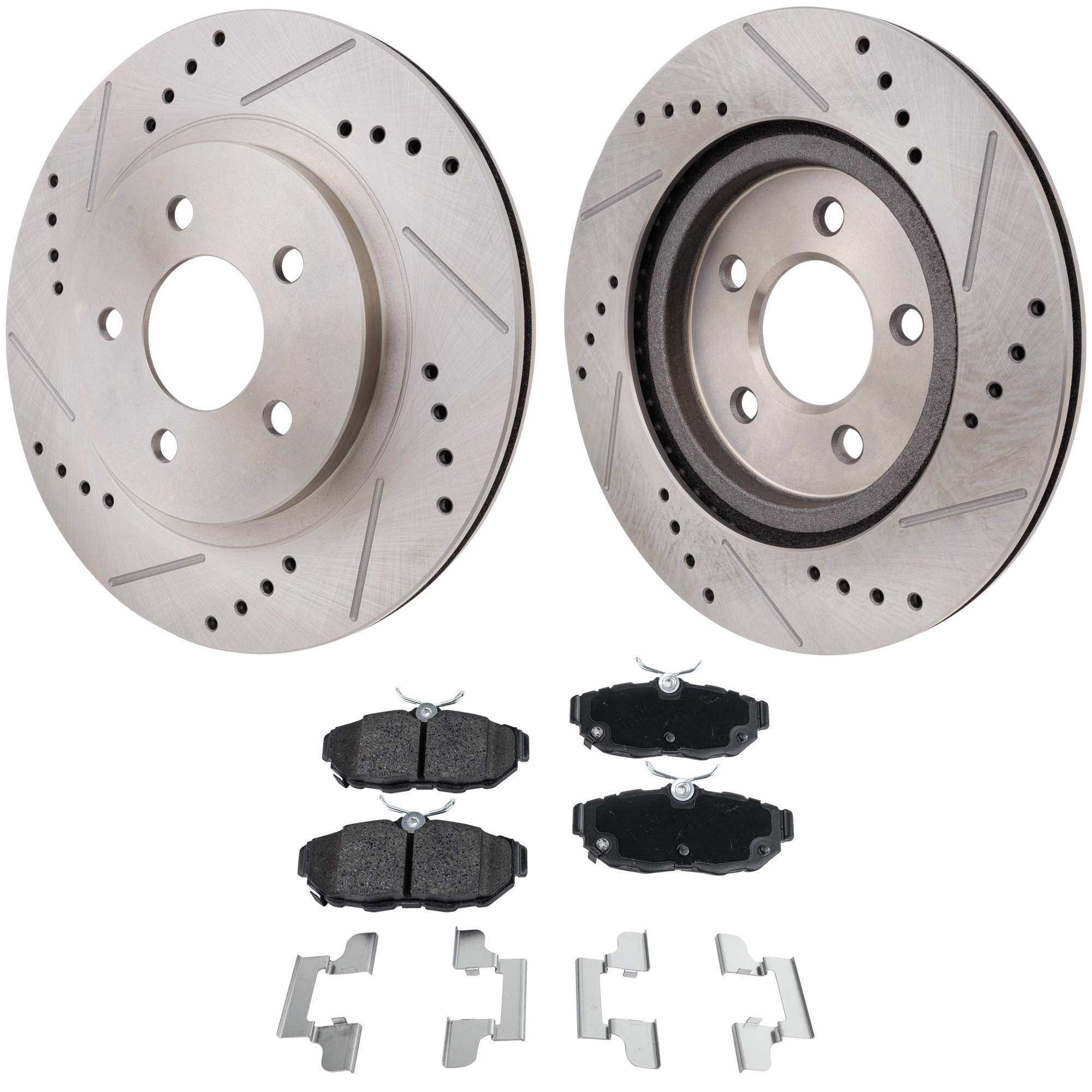 AM MUSTANG 13-14 REAR BRAKE DISC AND PAD KIT 2 Wheel Set Cross drilled and Slotted SKU KIT 030923-13 OEM 42136-54131-900243-60054058-42