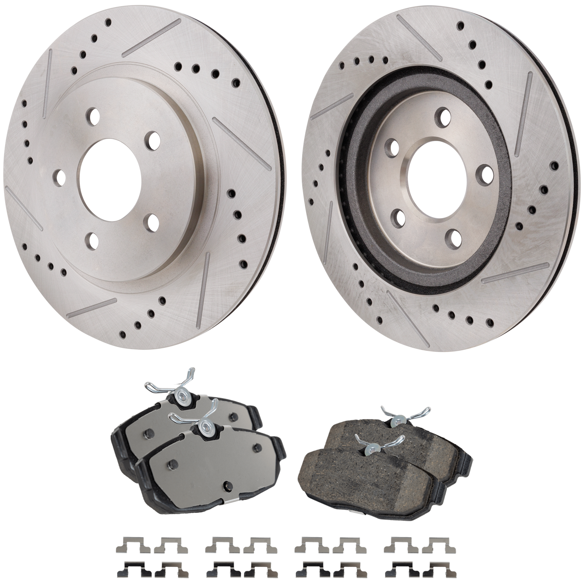 AM MUSTANG 12-14 REAR BRAKE DISC AND PAD KIT 2 Wheel Set Cross drilled and Slotted SKU KIT 030923-14 OEM 42136-54131-900243-60054058-42