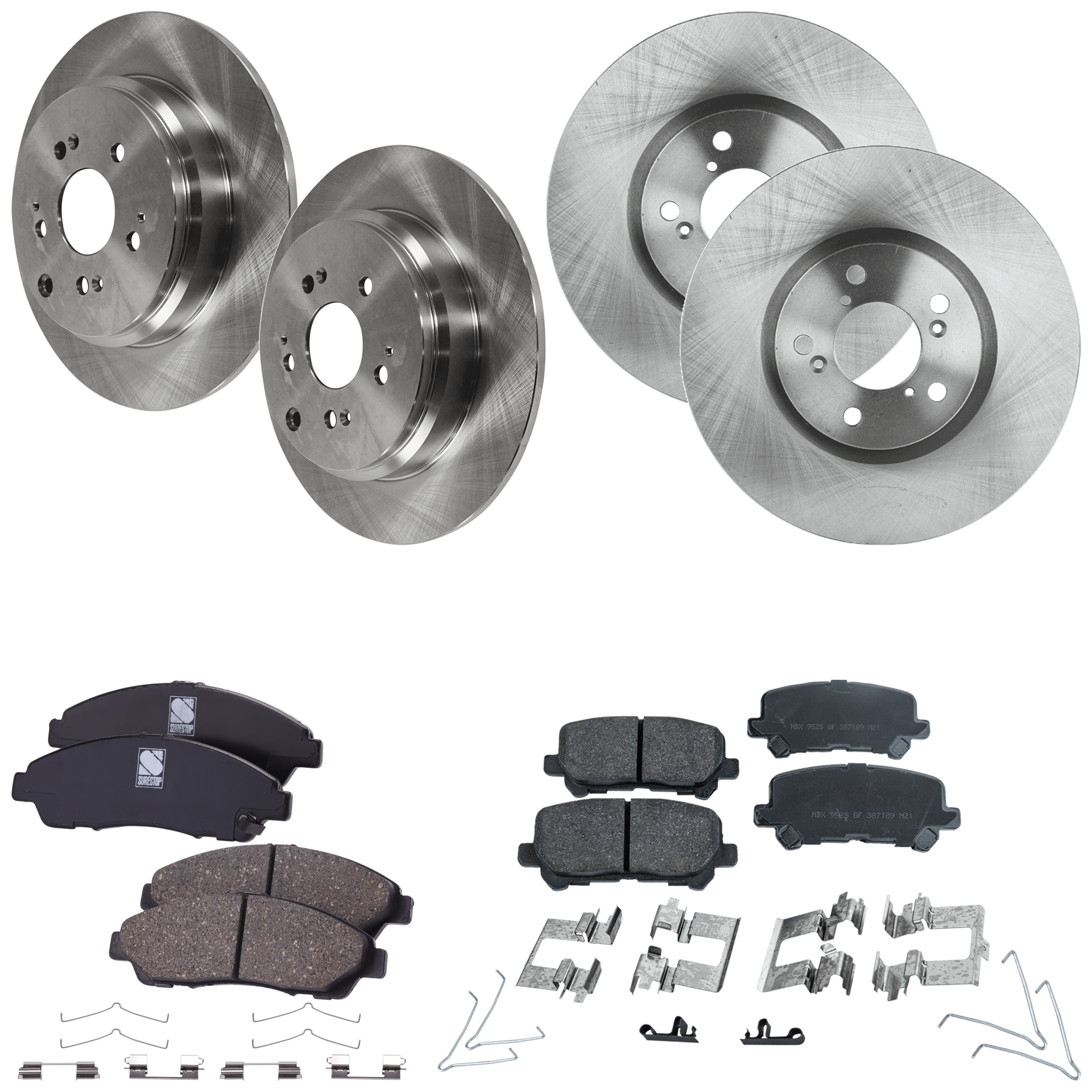 AM PILOT 12-15 FRONT AND REAR BRAKE DISC AND PAD KIT 8 pc kit SKU KIT 030923-17 OEM 42510SZAA00-42510SZAA10-42510T