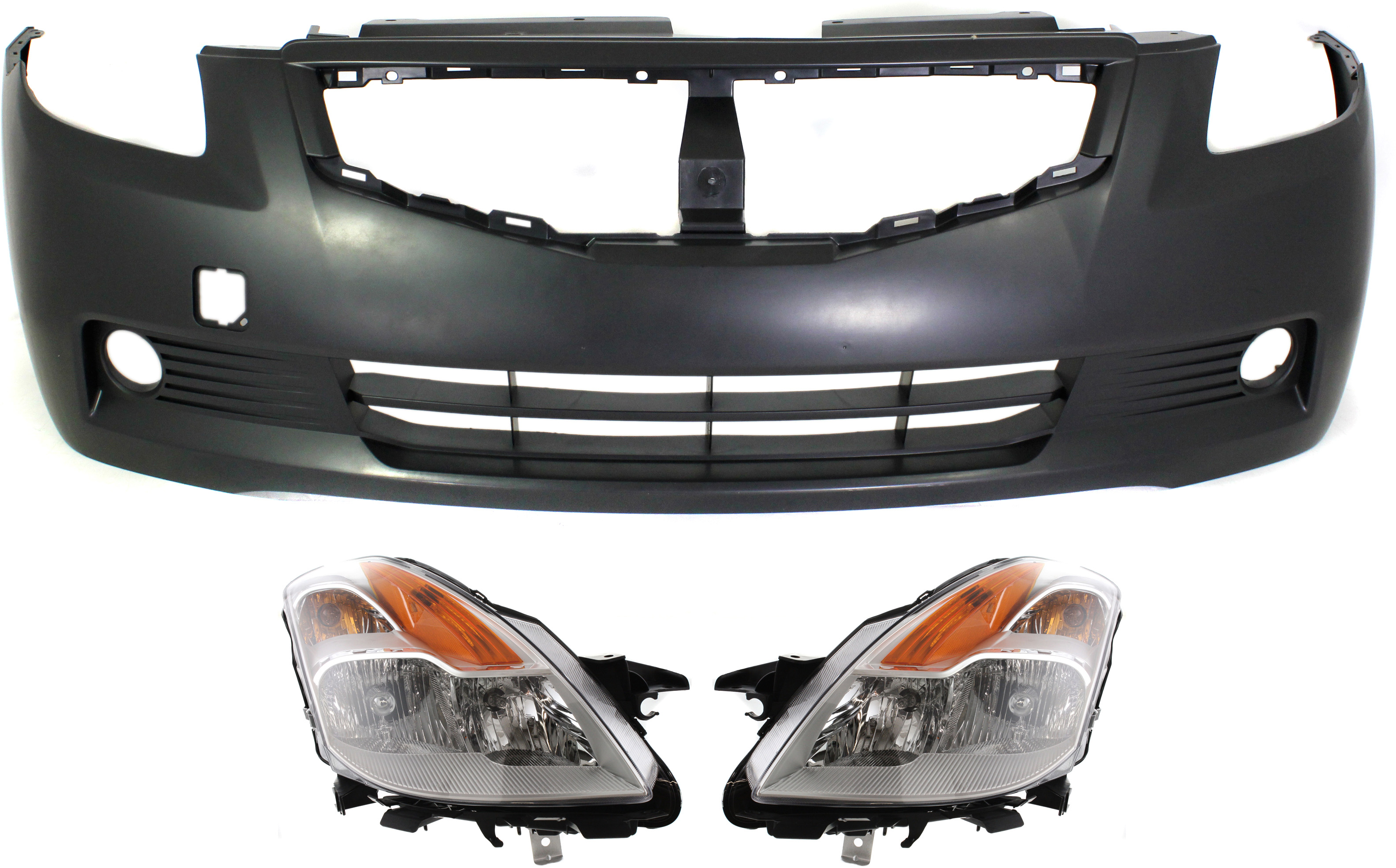 AM ALTIMA 08-09 FRONT BUMPER COVER 3 pc Kit with Headlights Coupe SKU KIT 031118-02 Partslink NI1000250 NI2502176 NI2503176 OEM 62022JB100-26060JB10A 26010JB1
