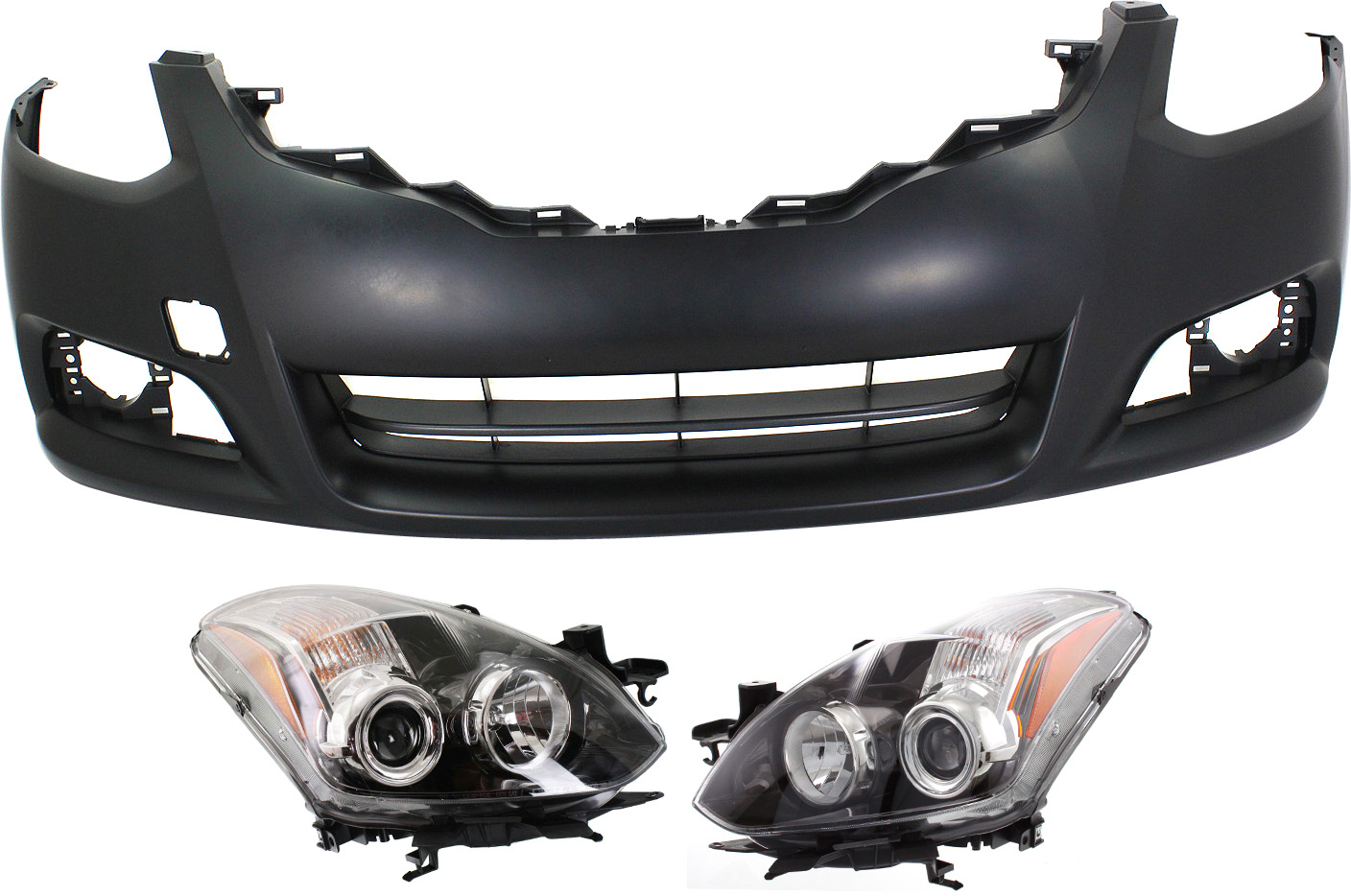 AM ALTIMA 10-13 HEAD LAMP RH AND LH Assembly Halogen 3 pc Kit with Bumper Cover SKU KIT 031118-03 Partslink NI2502191 NI2503191 NI1000275 OEM 26010ZX10B 26060ZX10B 62022ZX1