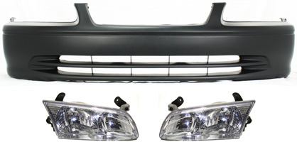 AM CAMRY 00-01 FRONT BUMPER COVER 3 pc Kit with Headlights Sedan SKU KIT 031118-33 Partslink TO1000206 TO2502130 TO2503130 OEM 52119AA902-81150AA020-81110AA0